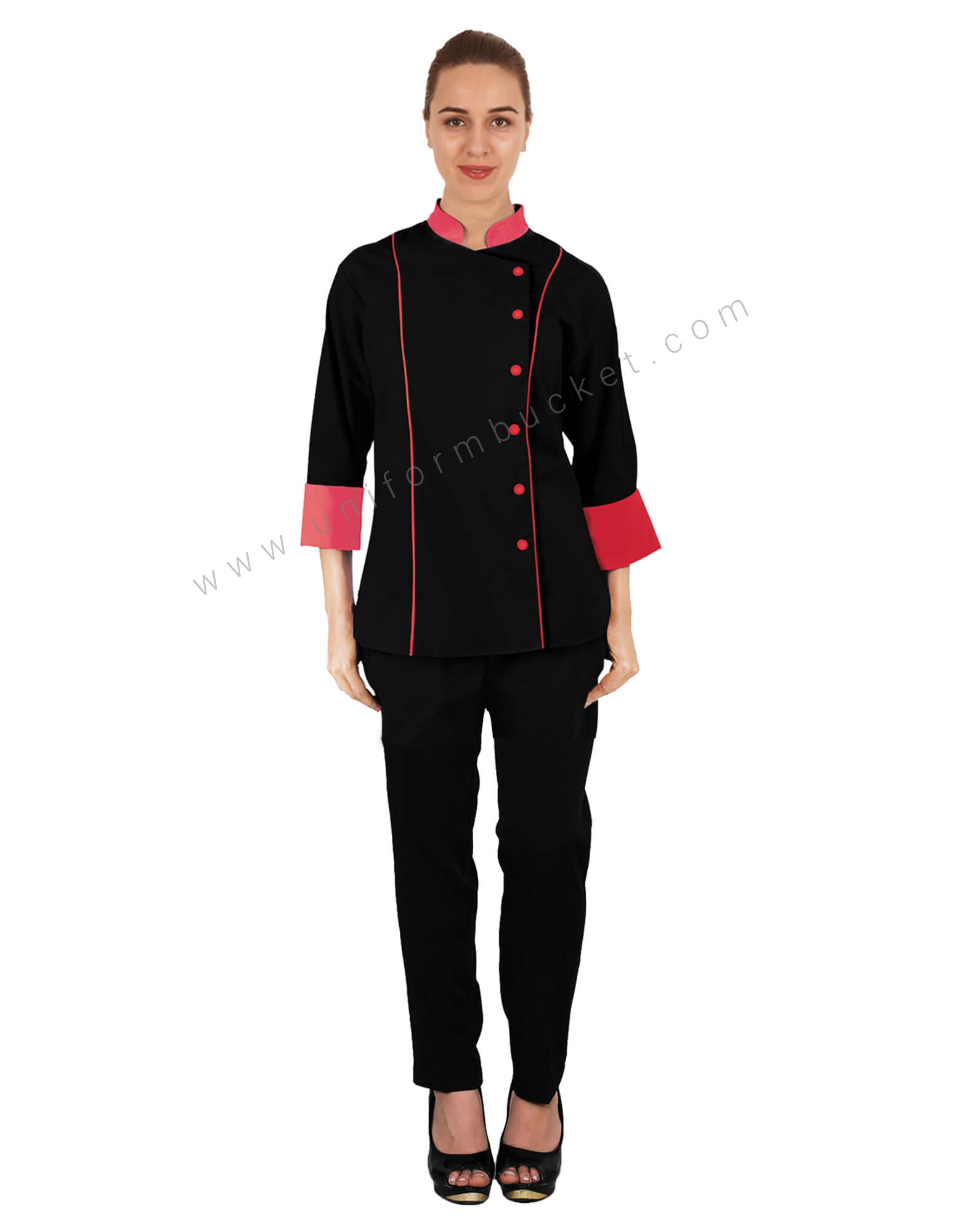 Black Chef Coat With Cherry Red Trim For Women