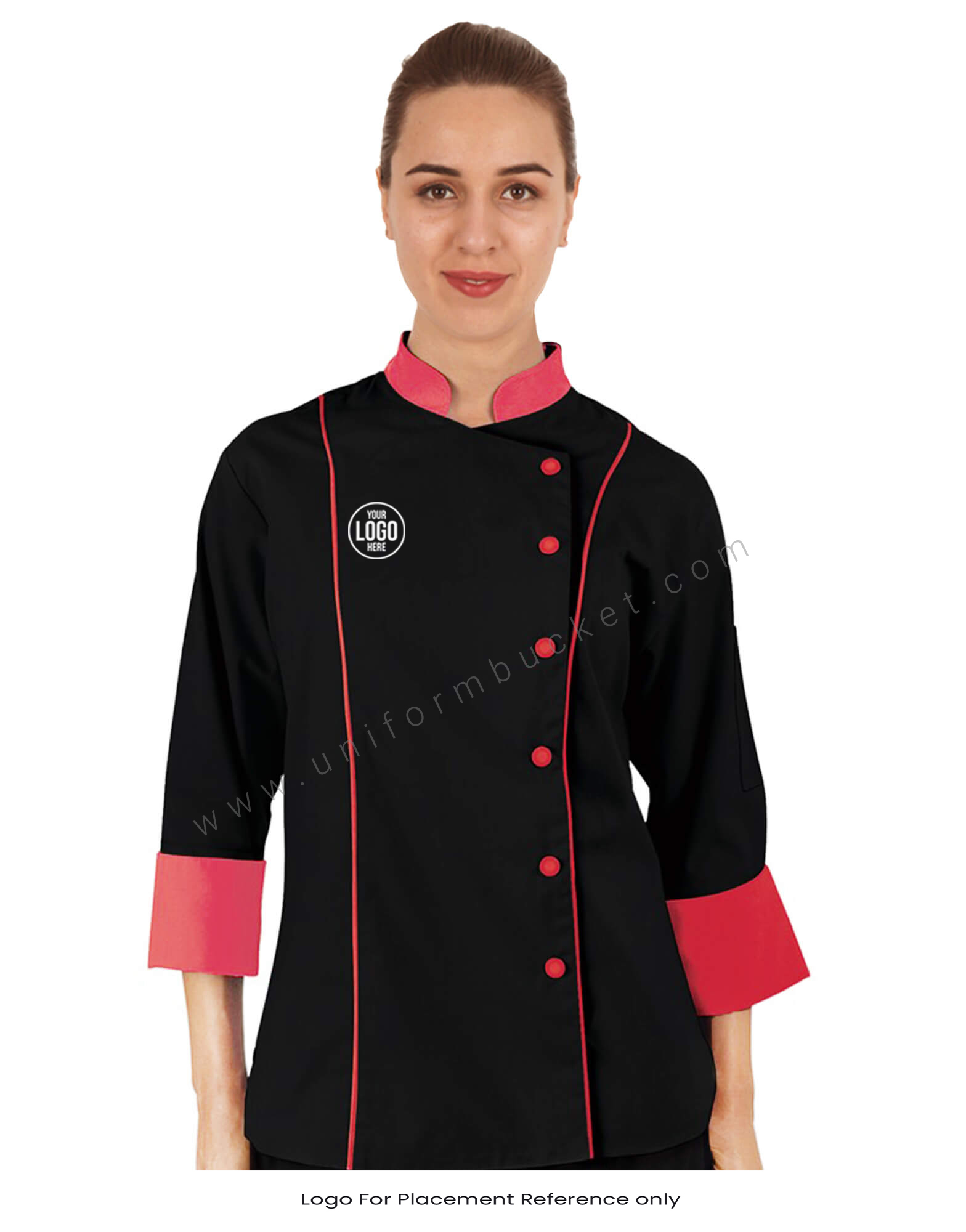 Black Chef Coat With Cherry Red Trim For Women