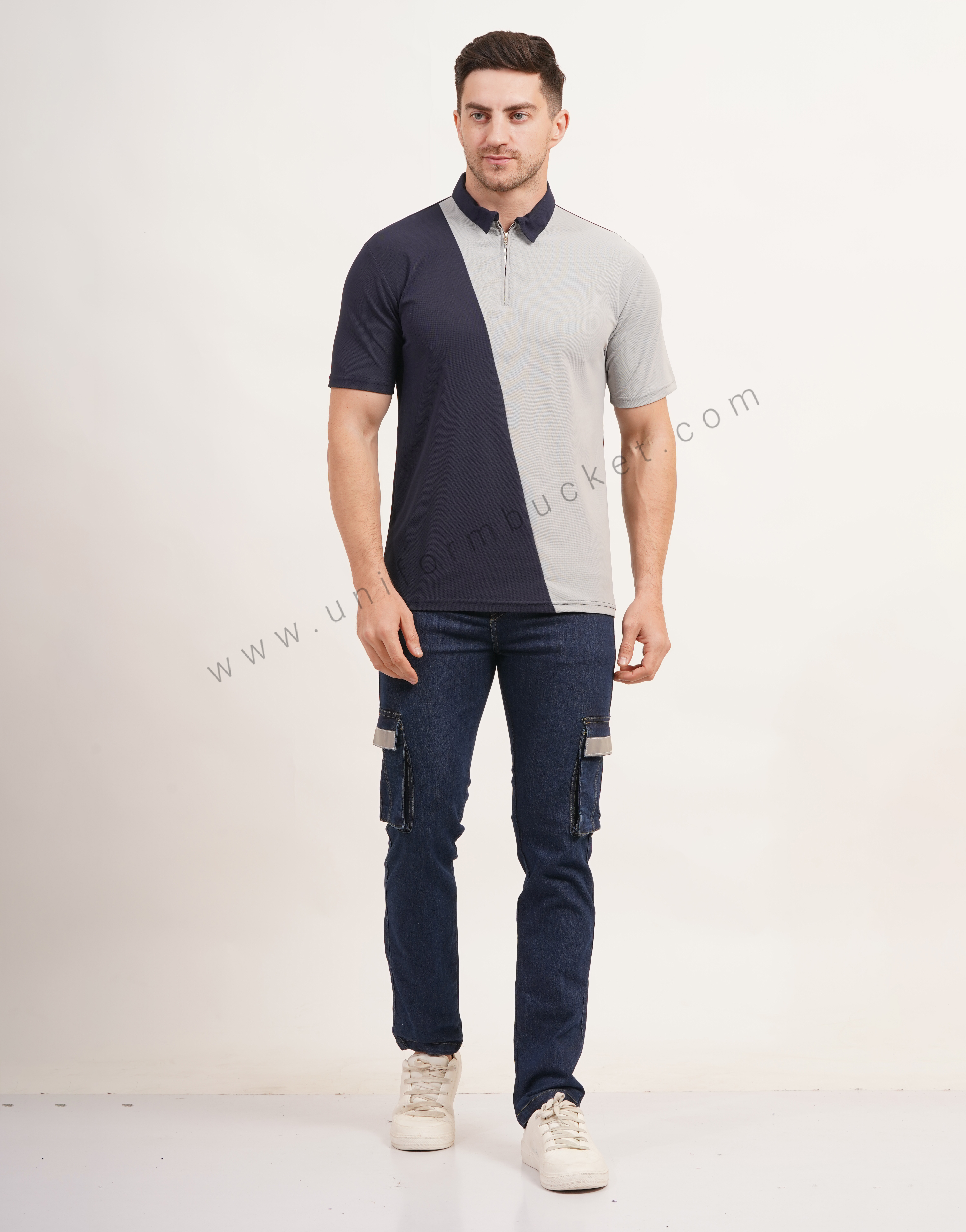 Cross Panel Cut Designer  t-shirt with Front Zip