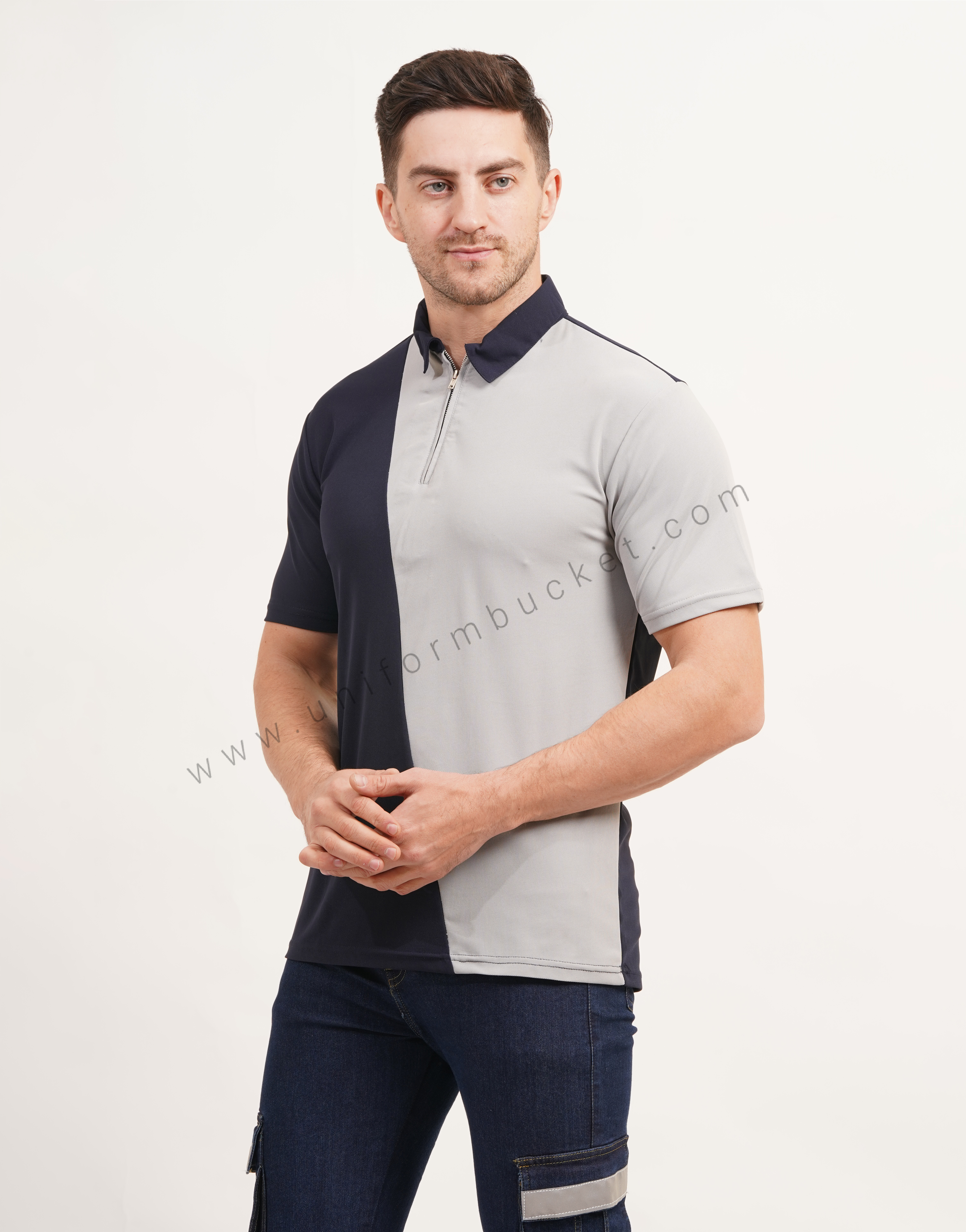 Cross Panel Cut Designer  t-shirt with Front Zip
