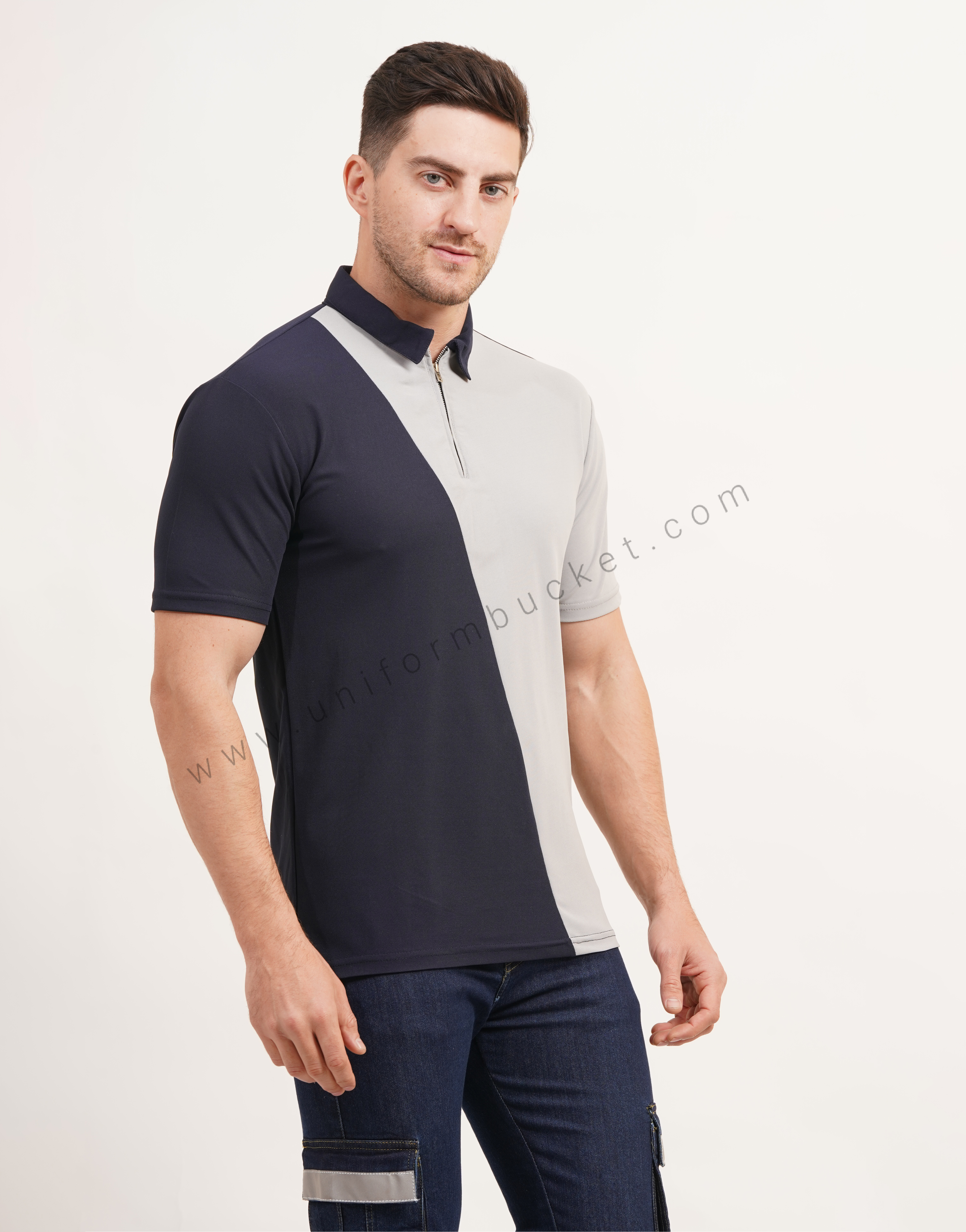 Cross Panel Cut Designer  t-shirt with Front Zip
