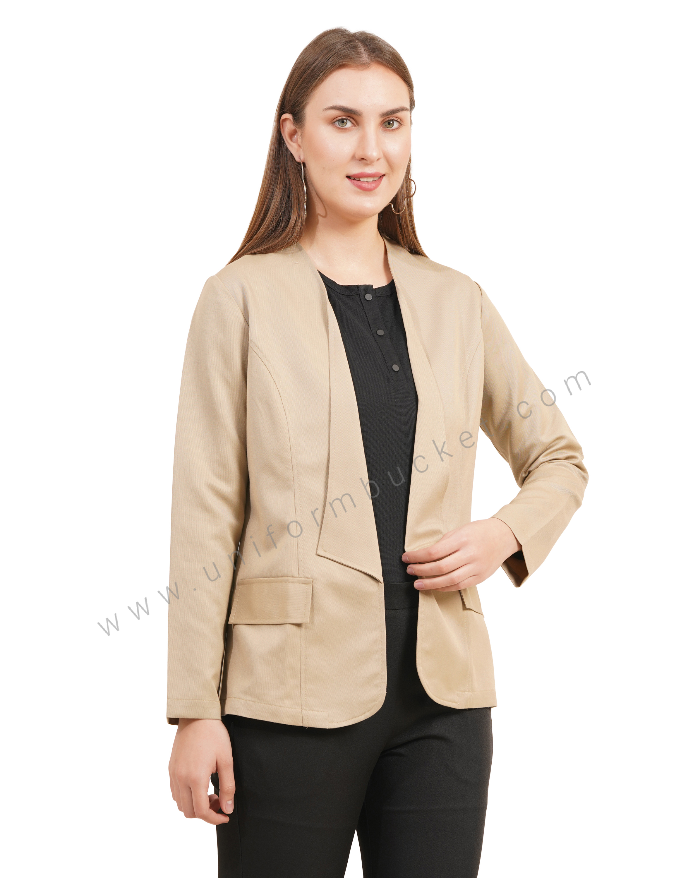 Elegant Beige Front Open Workwear Blazer