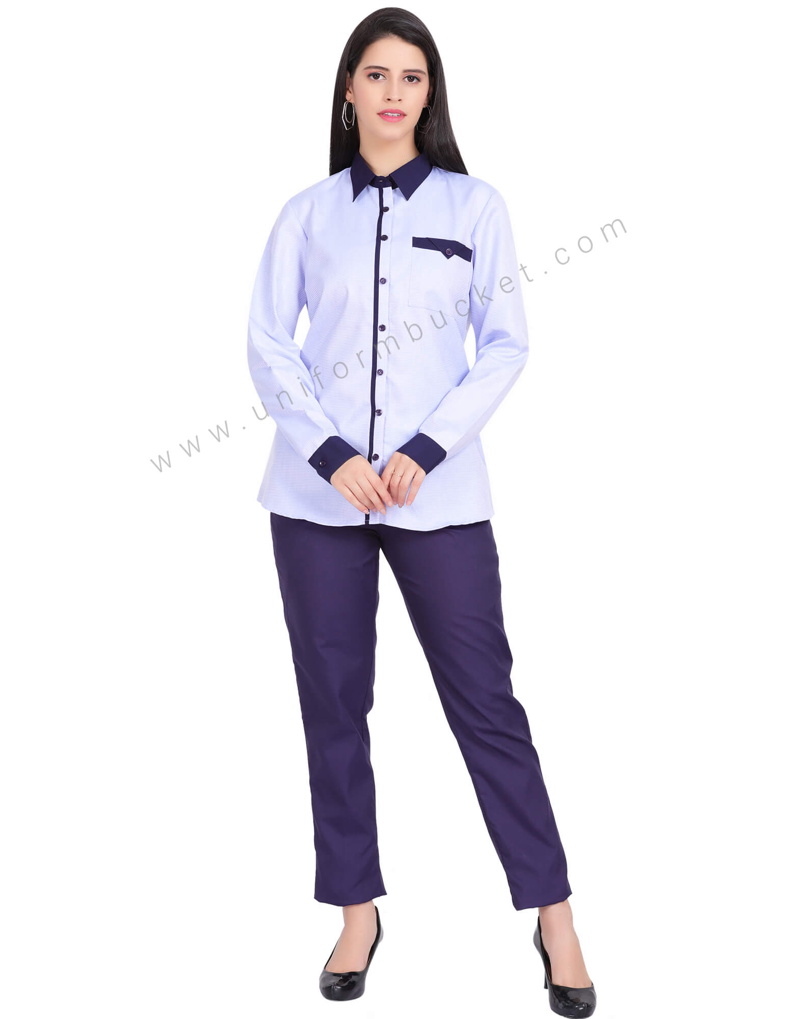 FEMALE BLUE DOTTED SHIRT WITH NAVY BLUE PIPING