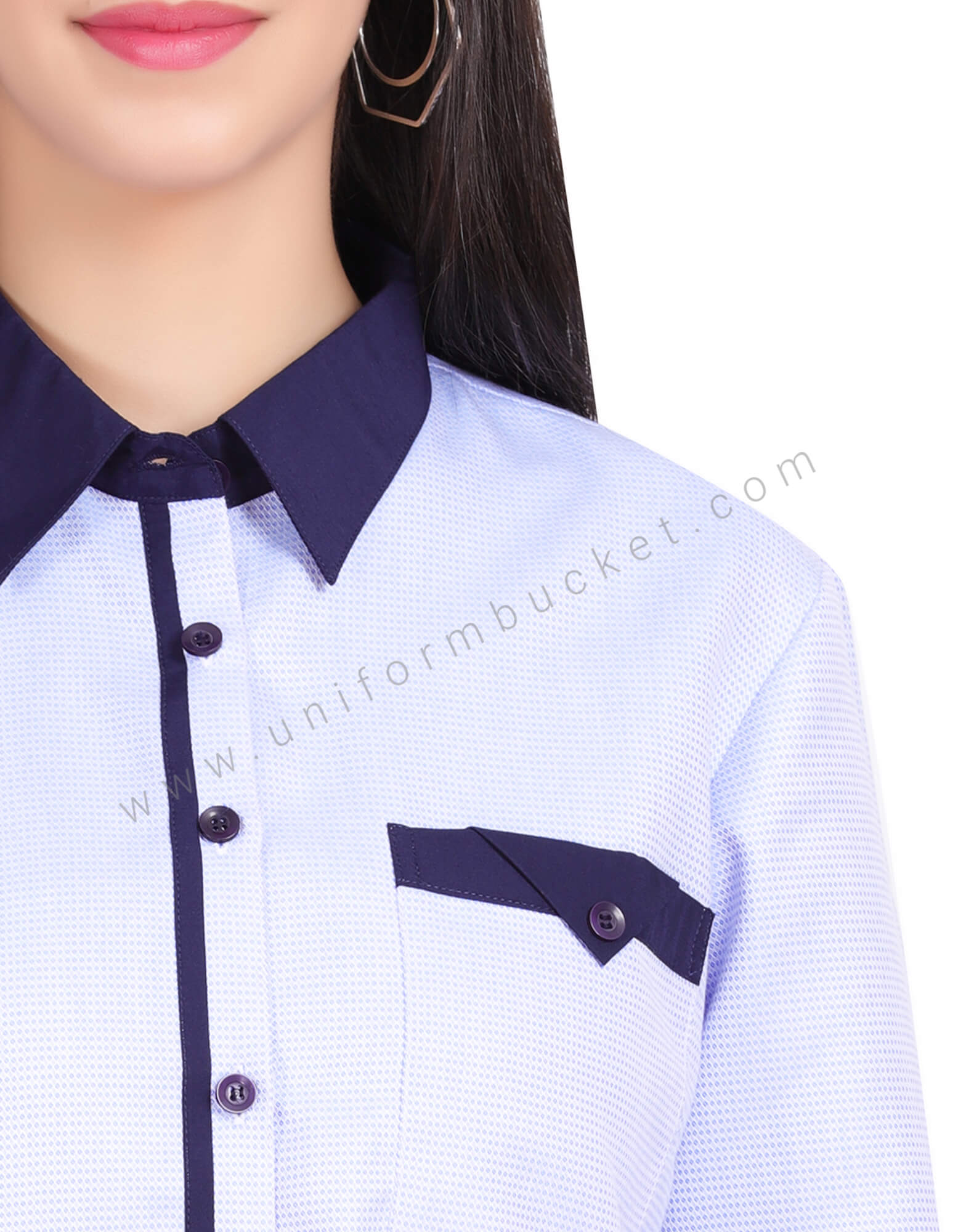 FEMALE BLUE DOTTED SHIRT WITH NAVY BLUE PIPING