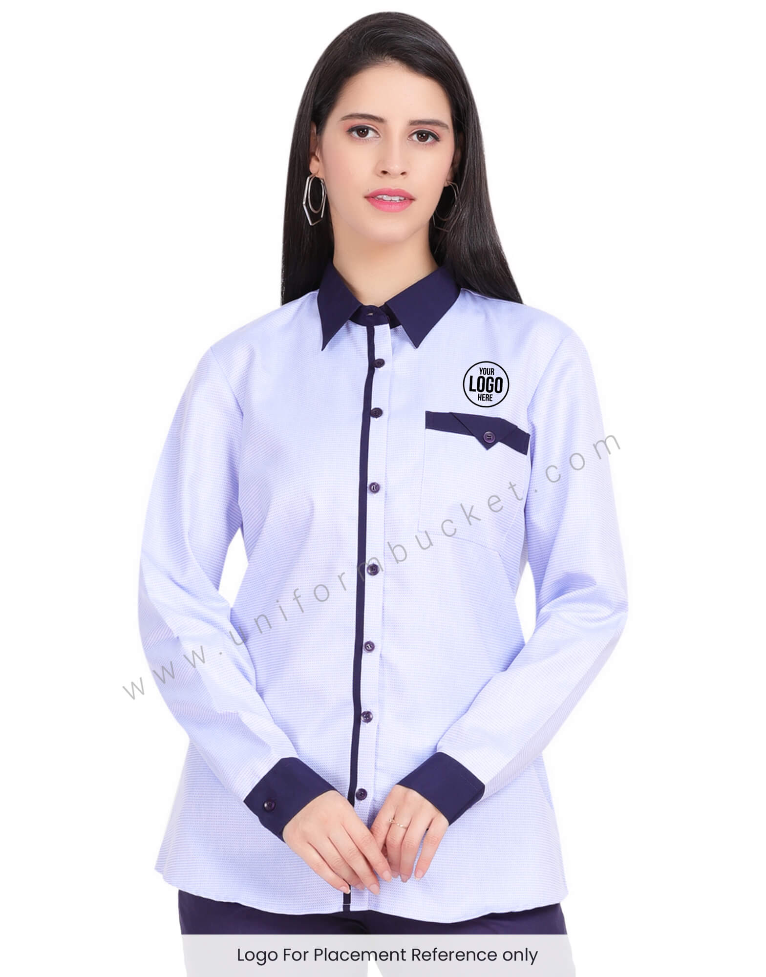 FEMALE BLUE DOTTED SHIRT WITH NAVY BLUE PIPING