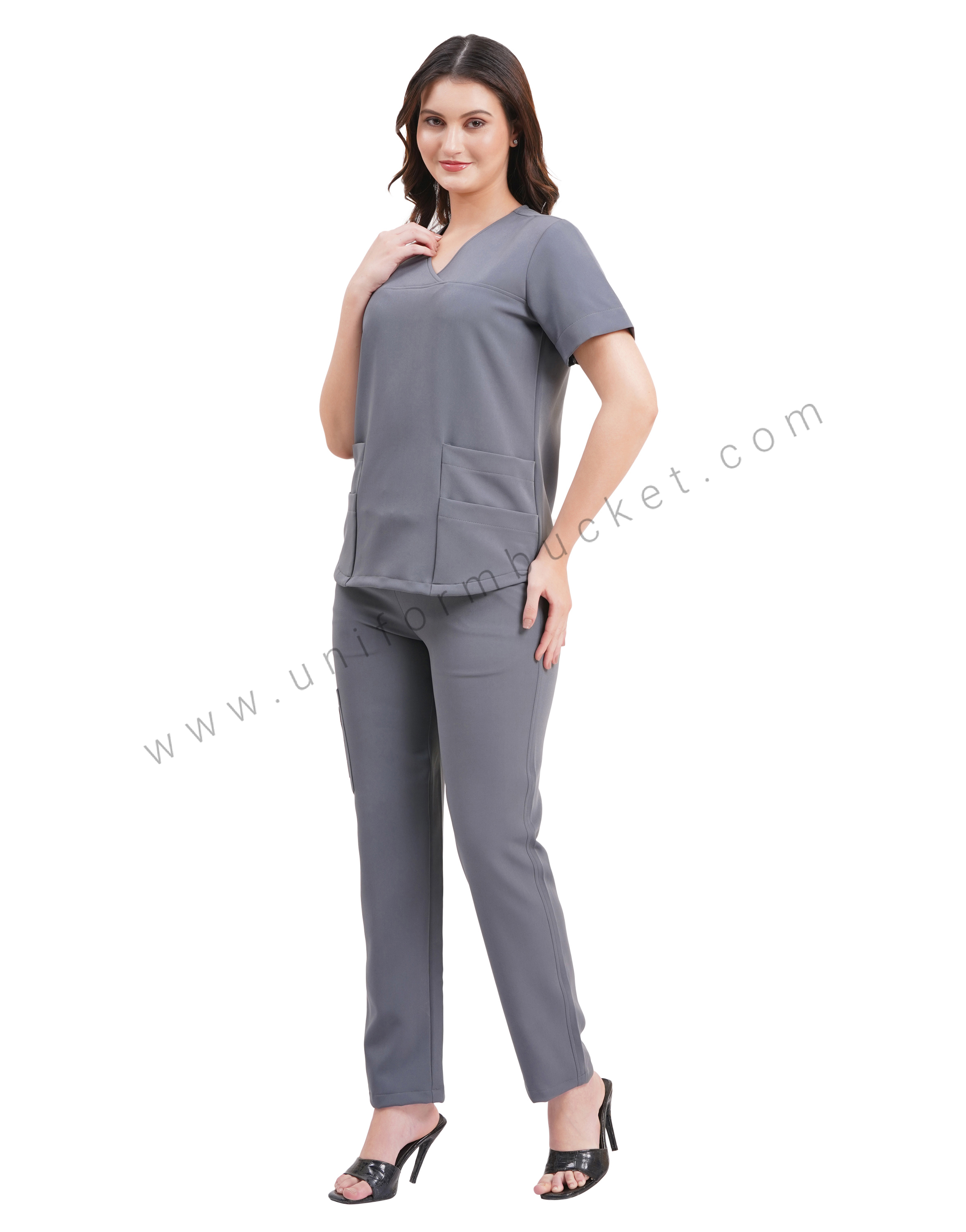 female grey top cross over yoke with bottom two joint pocket