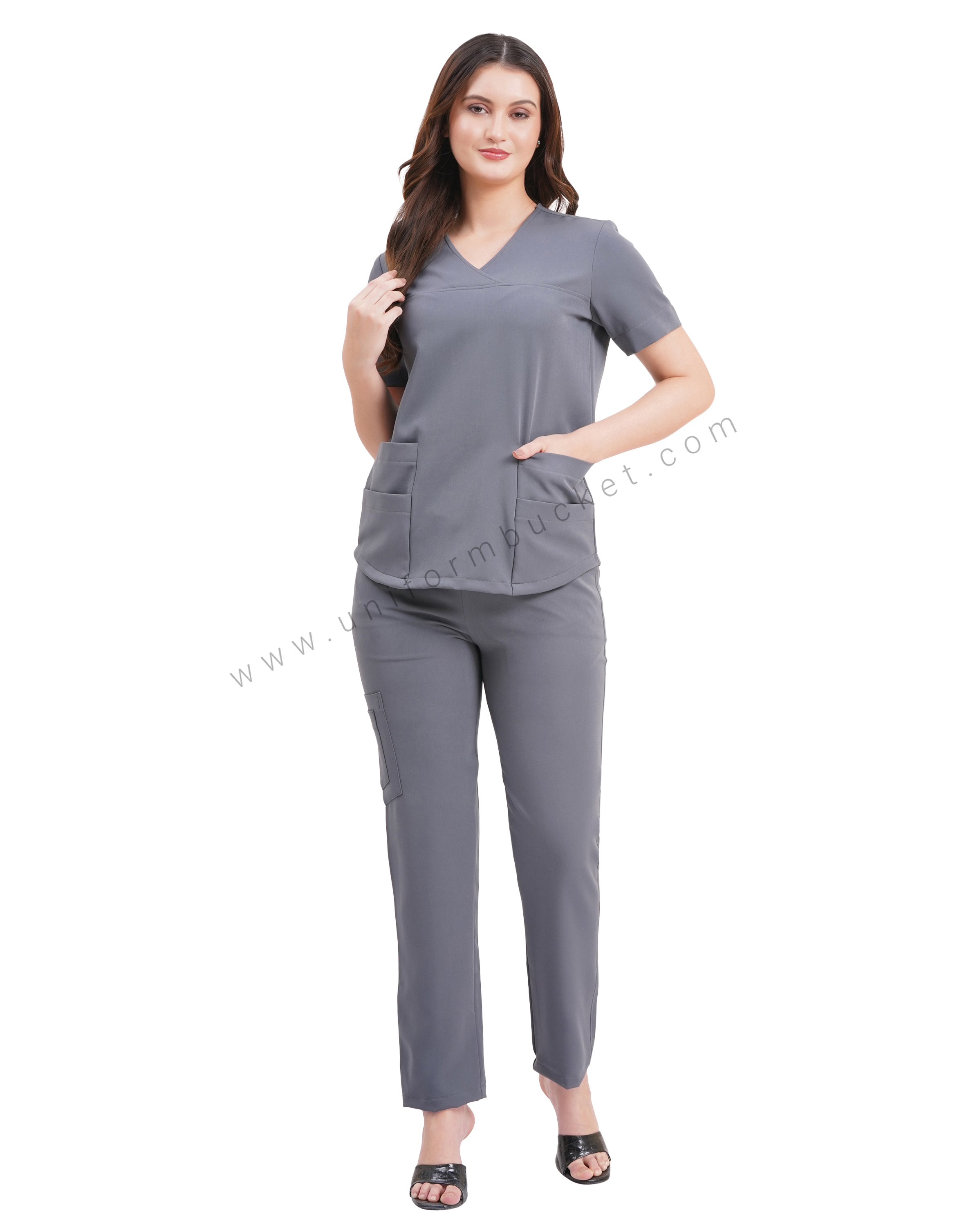 female grey top cross over yoke with bottom two joint pocket