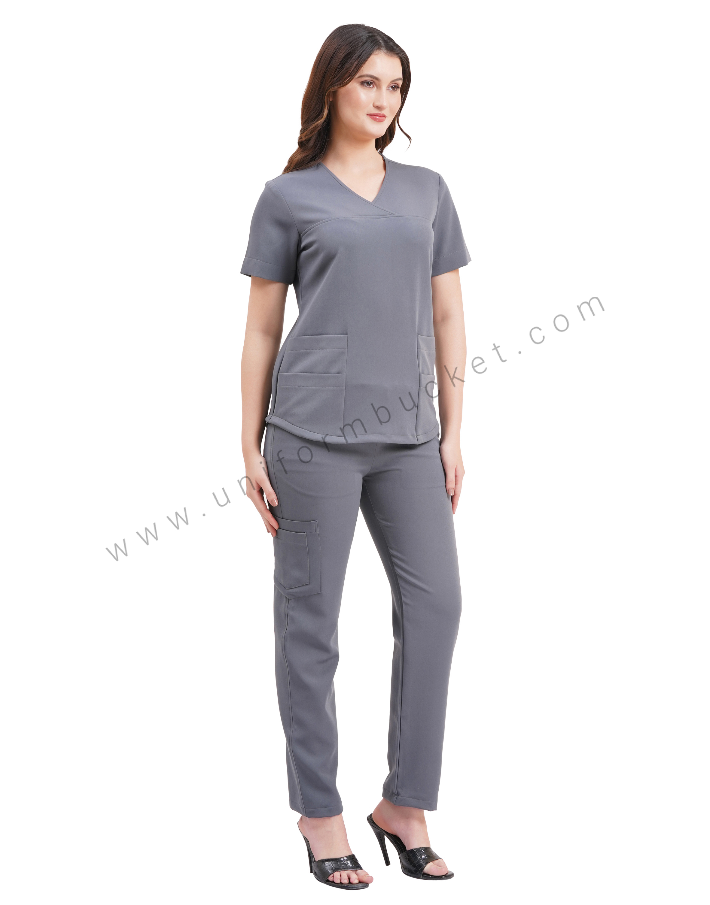 female grey top cross over yoke with bottom two joint pocket