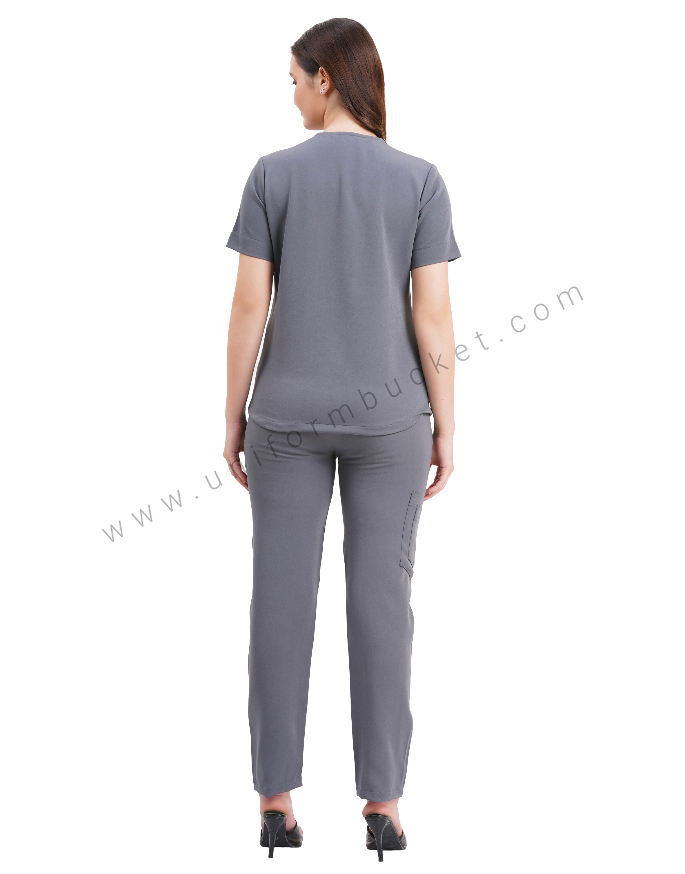 female grey top cross over yoke with bottom two joint pocket