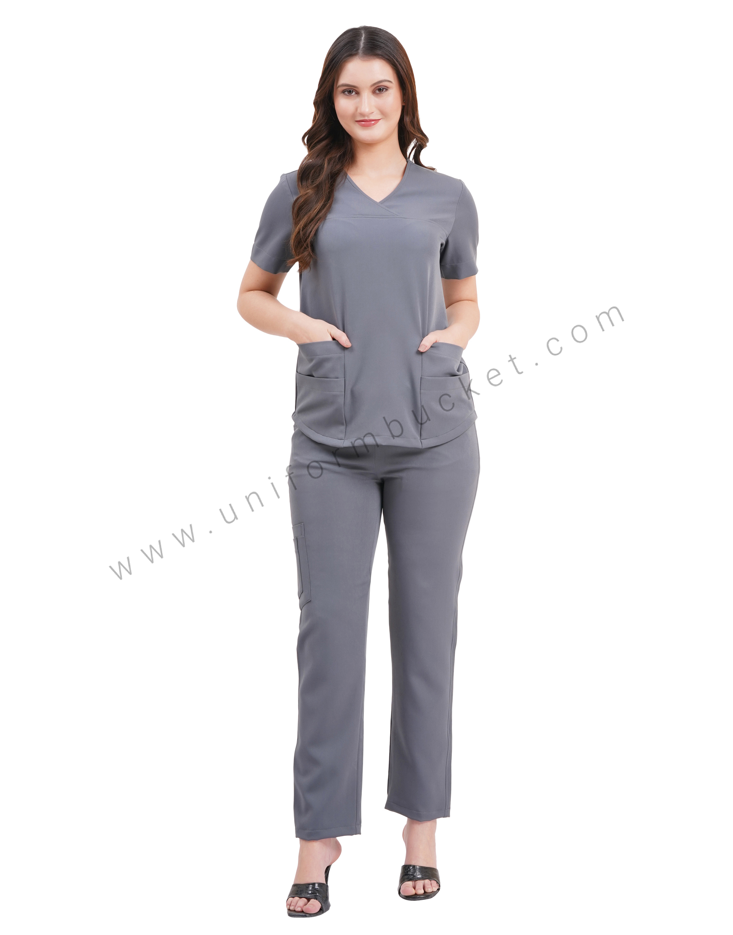 female grey top cross over yoke with bottom two joint pocket