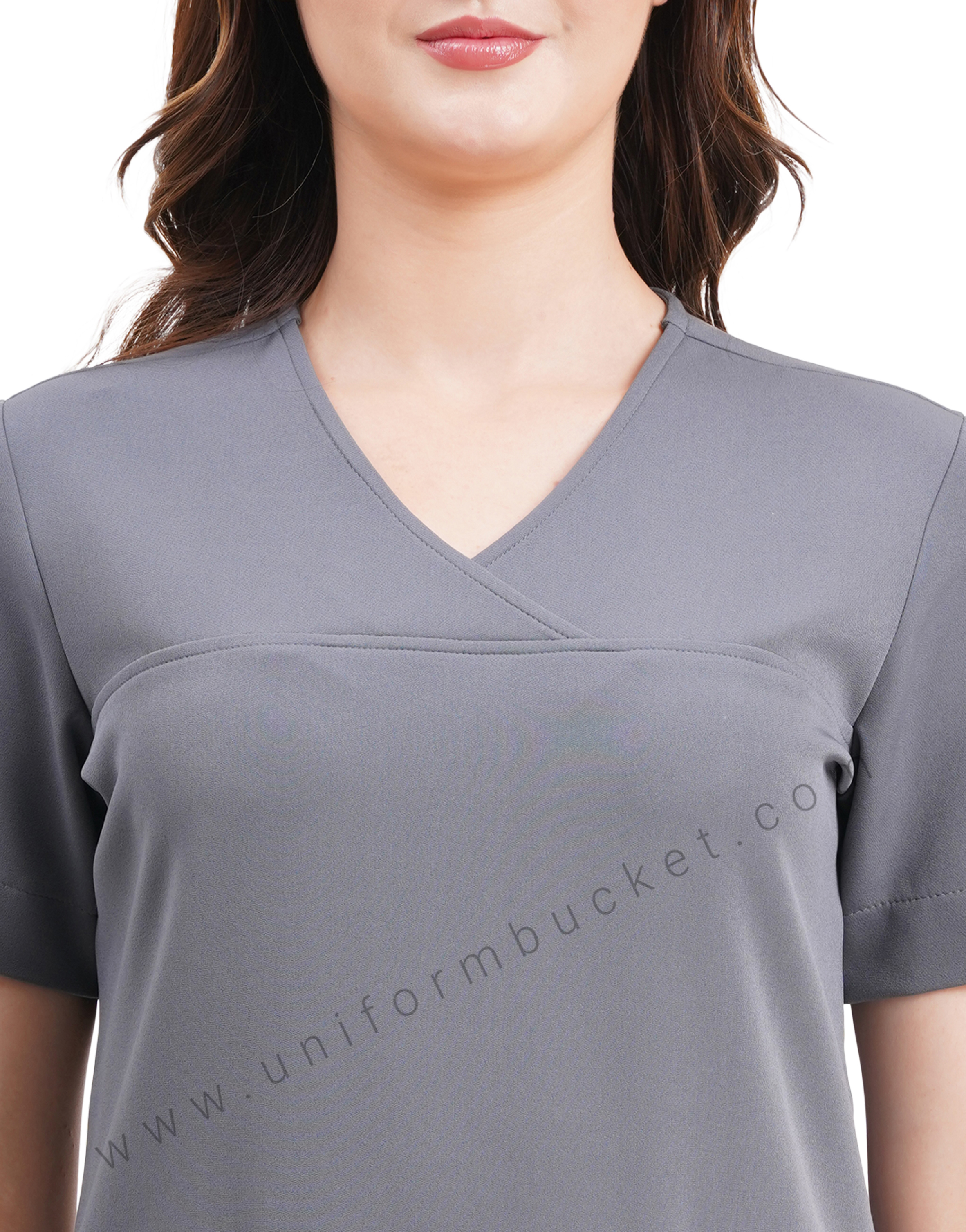 female grey top cross over yoke with bottom two joint pocket