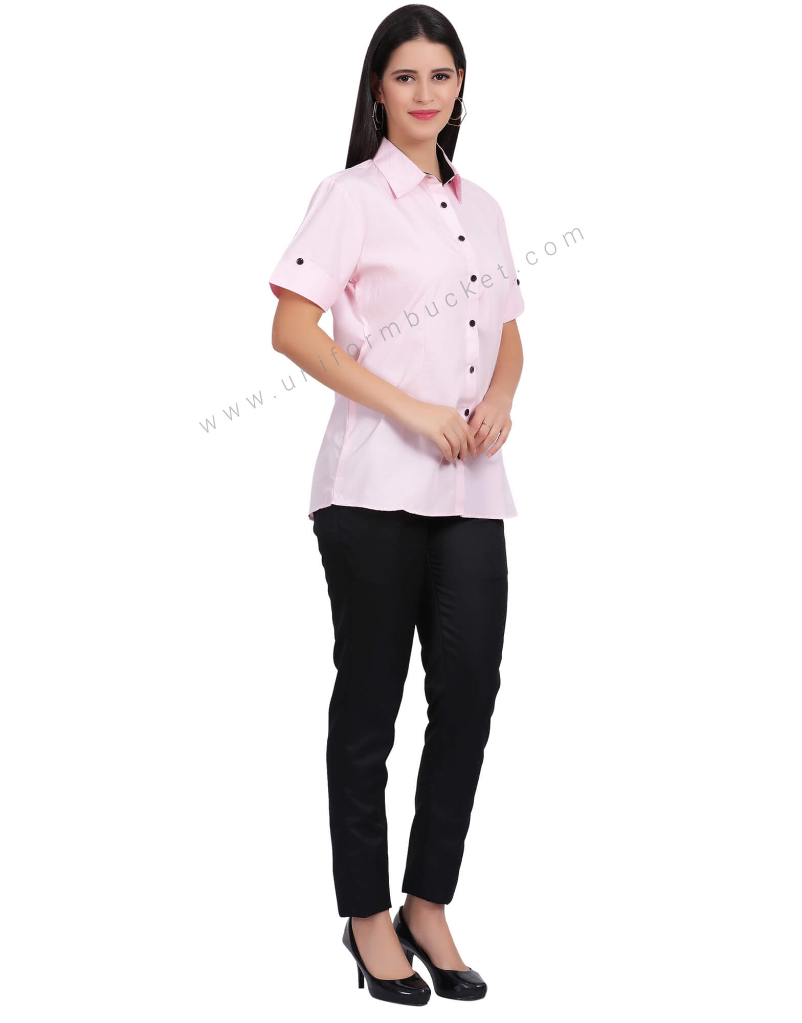 FEMALE HALF SLEEVE BOTTOM FOLD V CUT SHIRT WITH BLACK TRIM