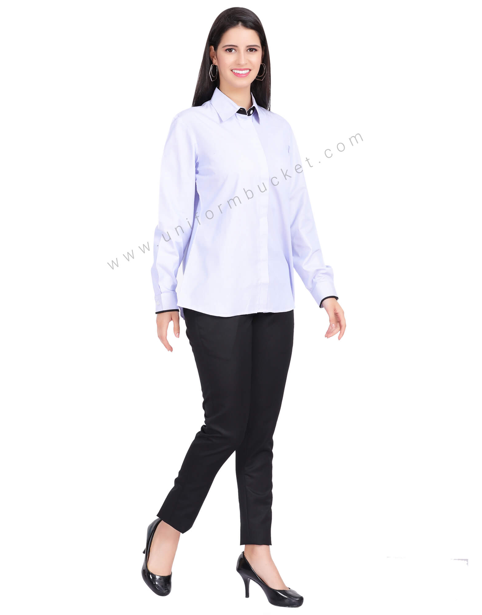 FEMALE HIDDEN PLACKET SHIRT WITH BLACK PIPING  ON CUFF