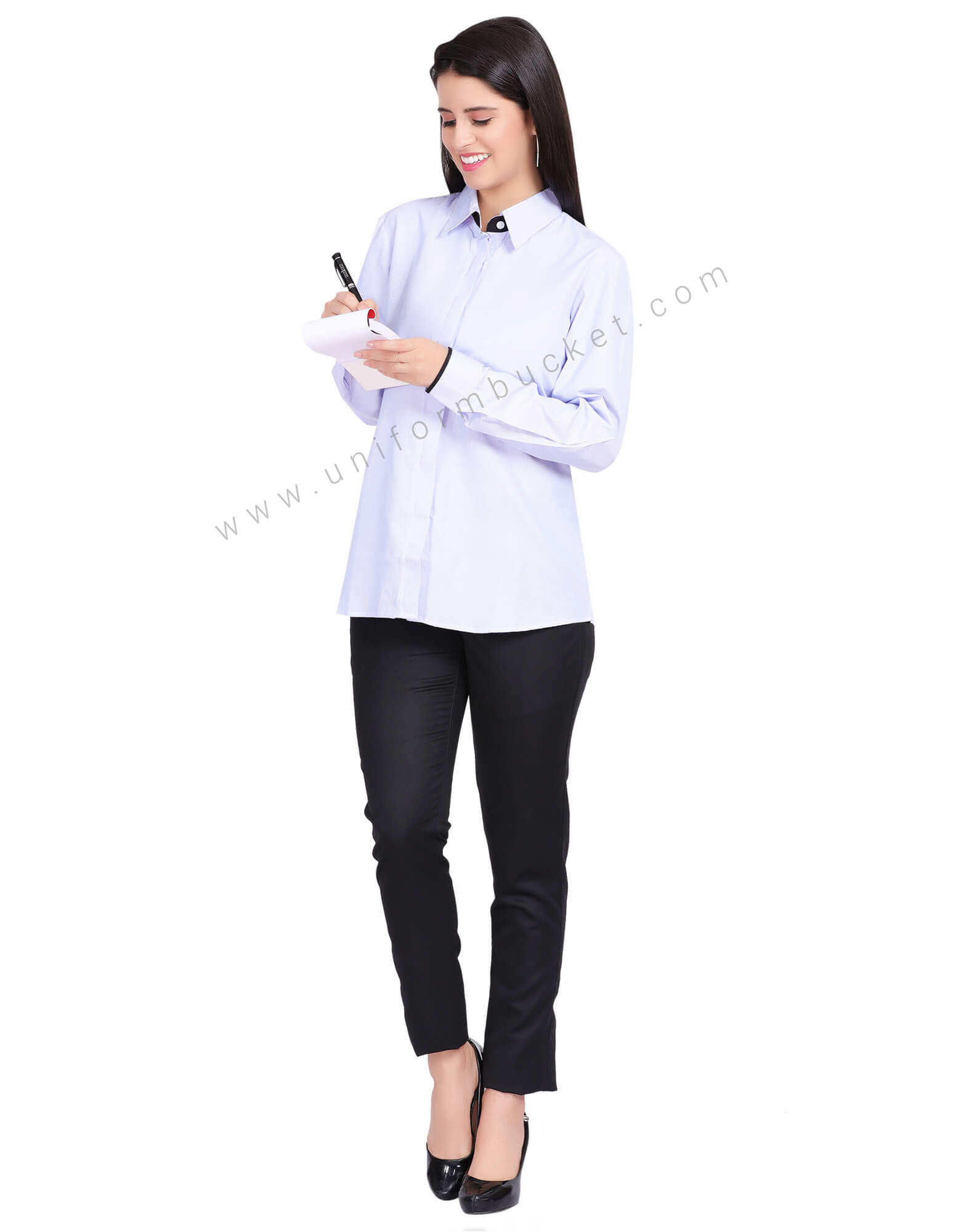 FEMALE HIDDEN PLACKET SHIRT WITH BLACK PIPING  ON CUFF
