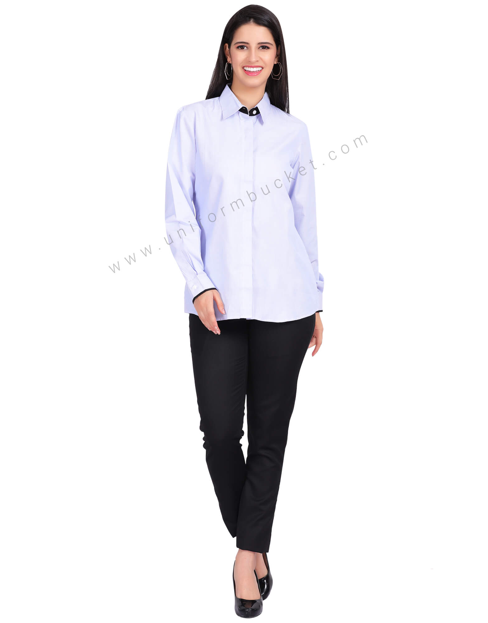 FEMALE HIDDEN PLACKET SHIRT WITH BLACK PIPING  ON CUFF