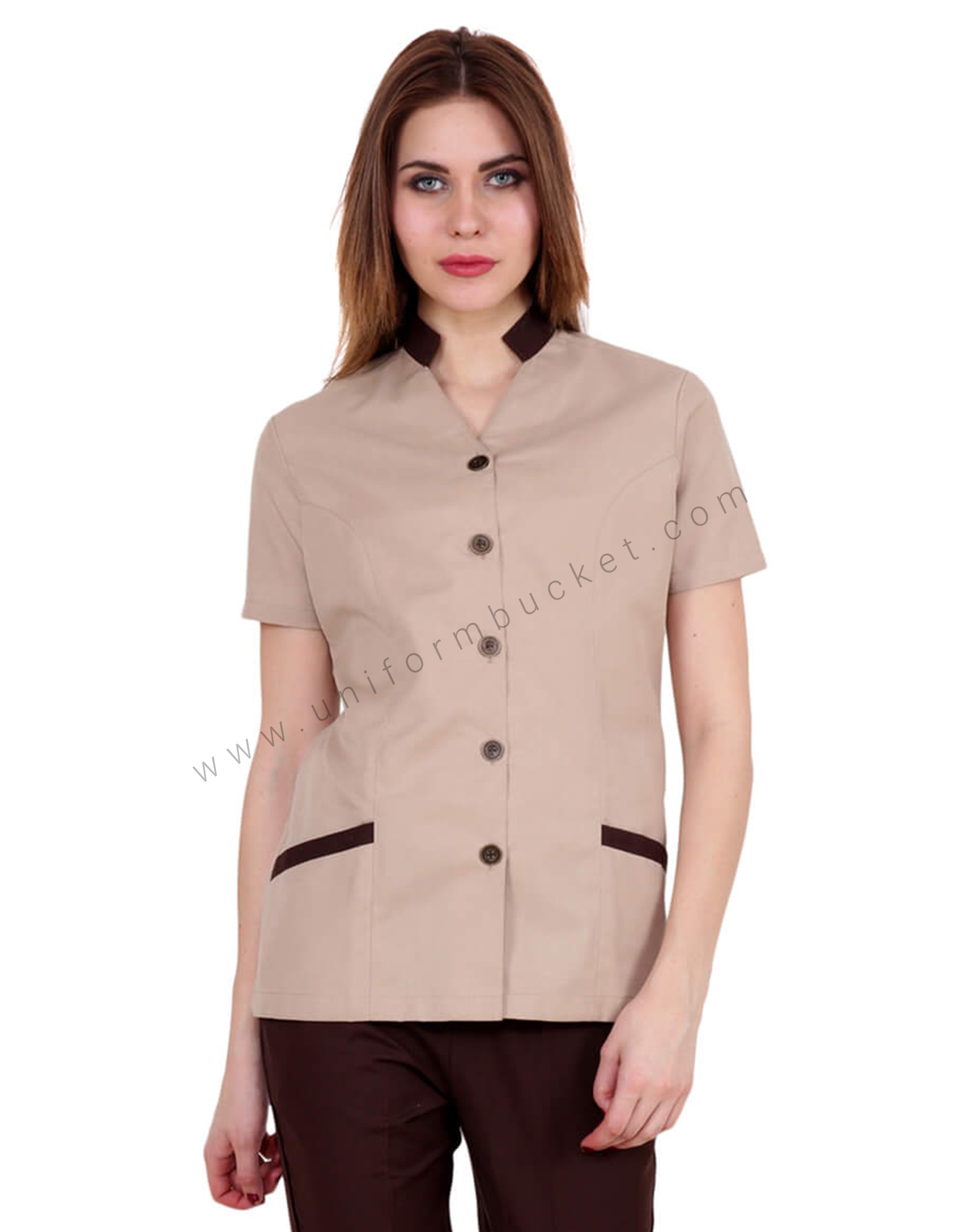 Band Collar Beige Shirt With Brown Trims