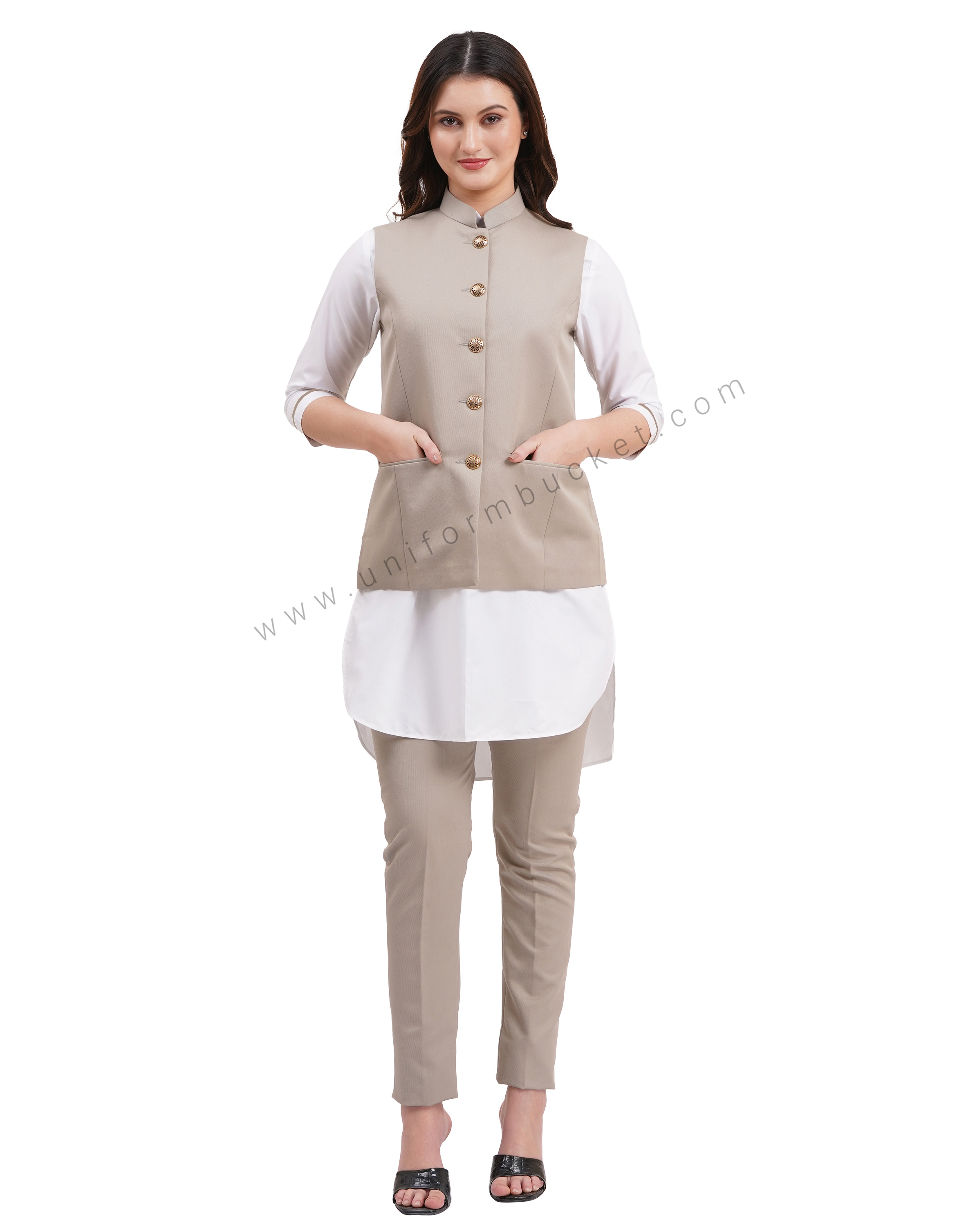 female khaki nehru jacket with golden button
