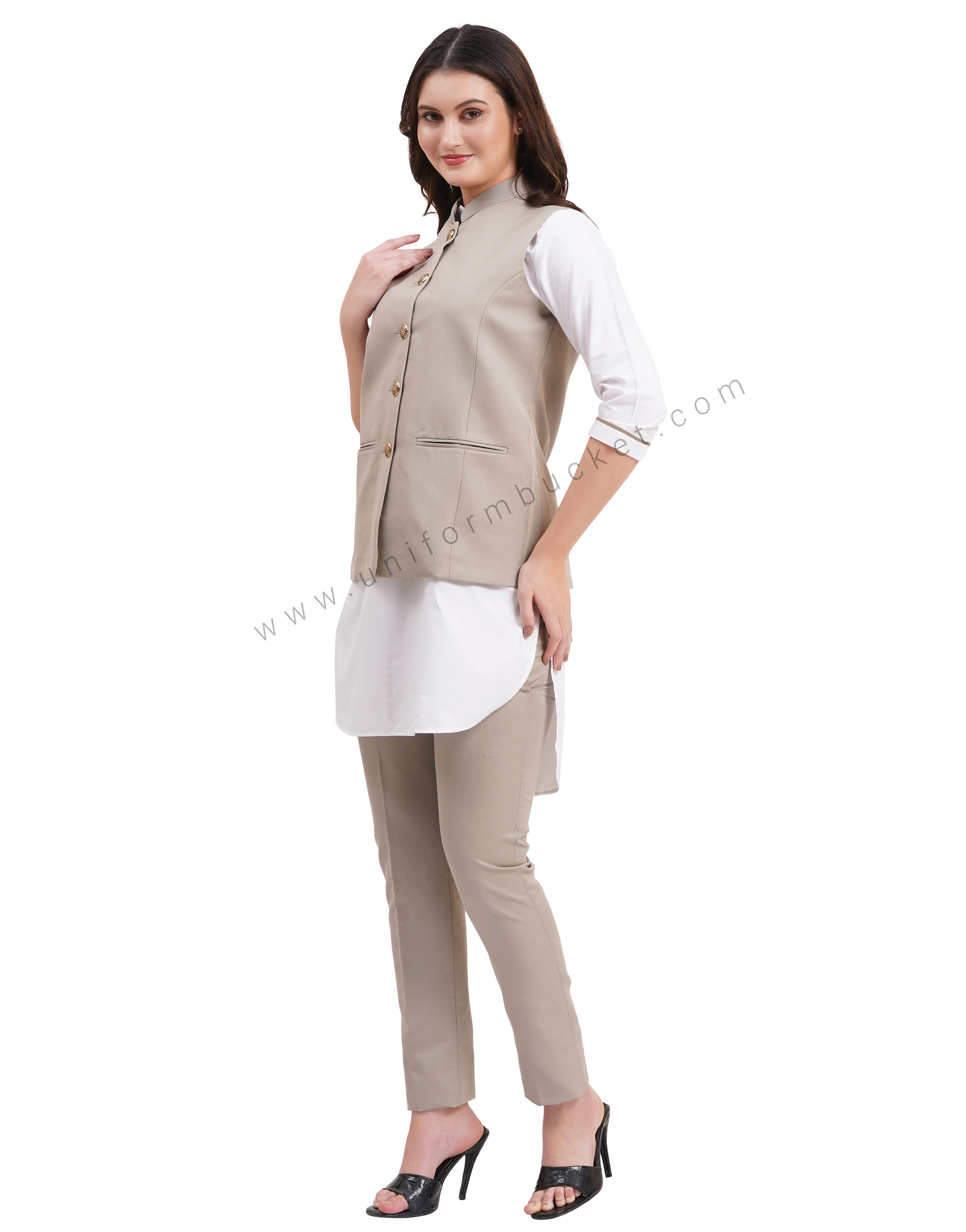 female khaki nehru jacket with golden button