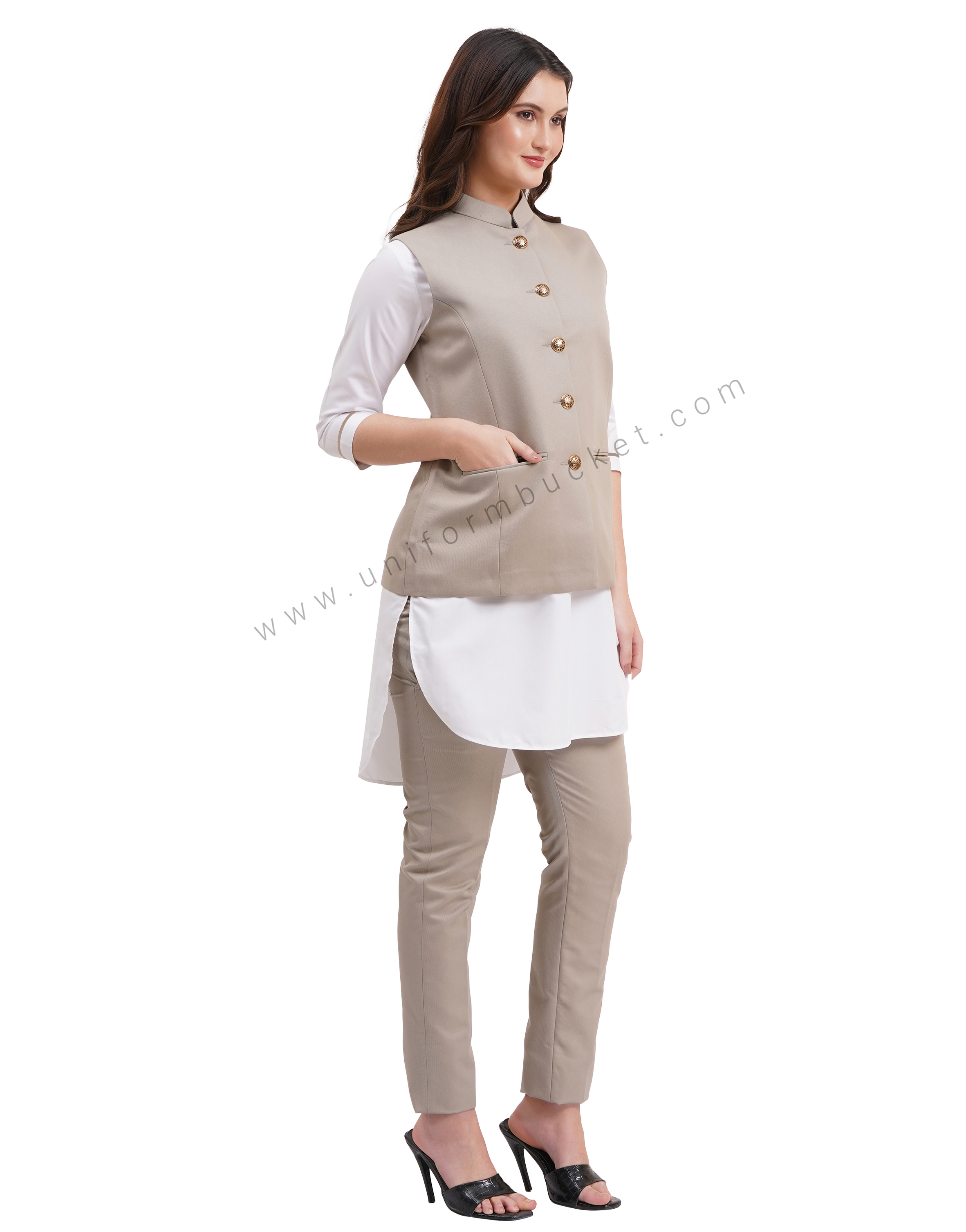 female khaki nehru jacket with golden button