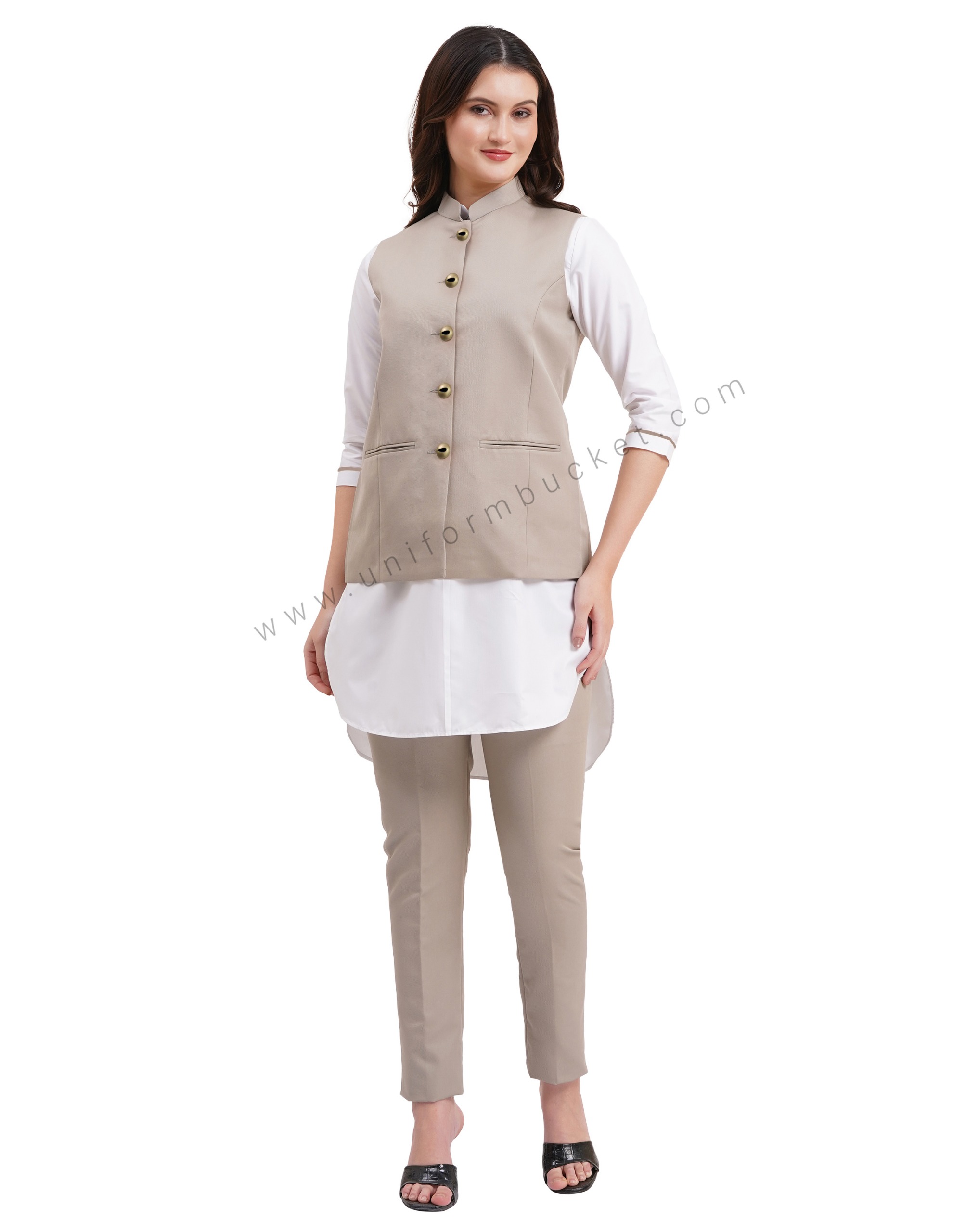 female khaki nehru jacket with golden one eye button