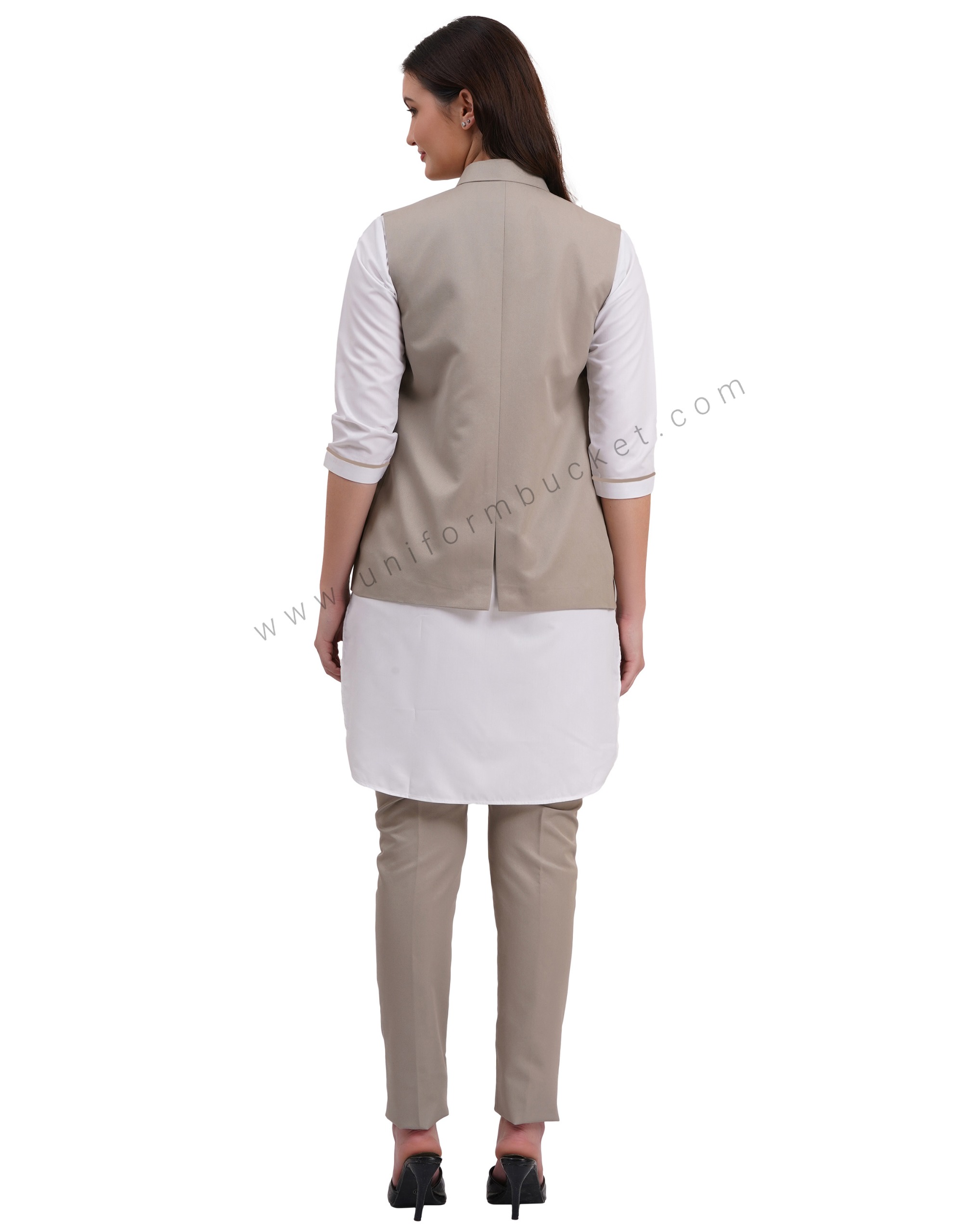 female khaki nehru jacket with golden one eye button