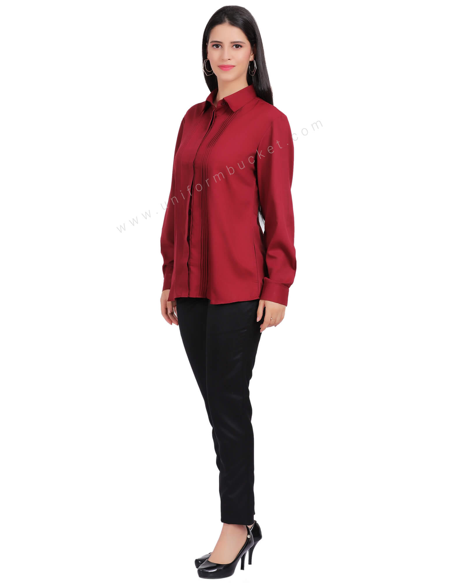 FEMALE MAROON HIDDEN PLACKET SHIRT WITH FRONT  TUCKS