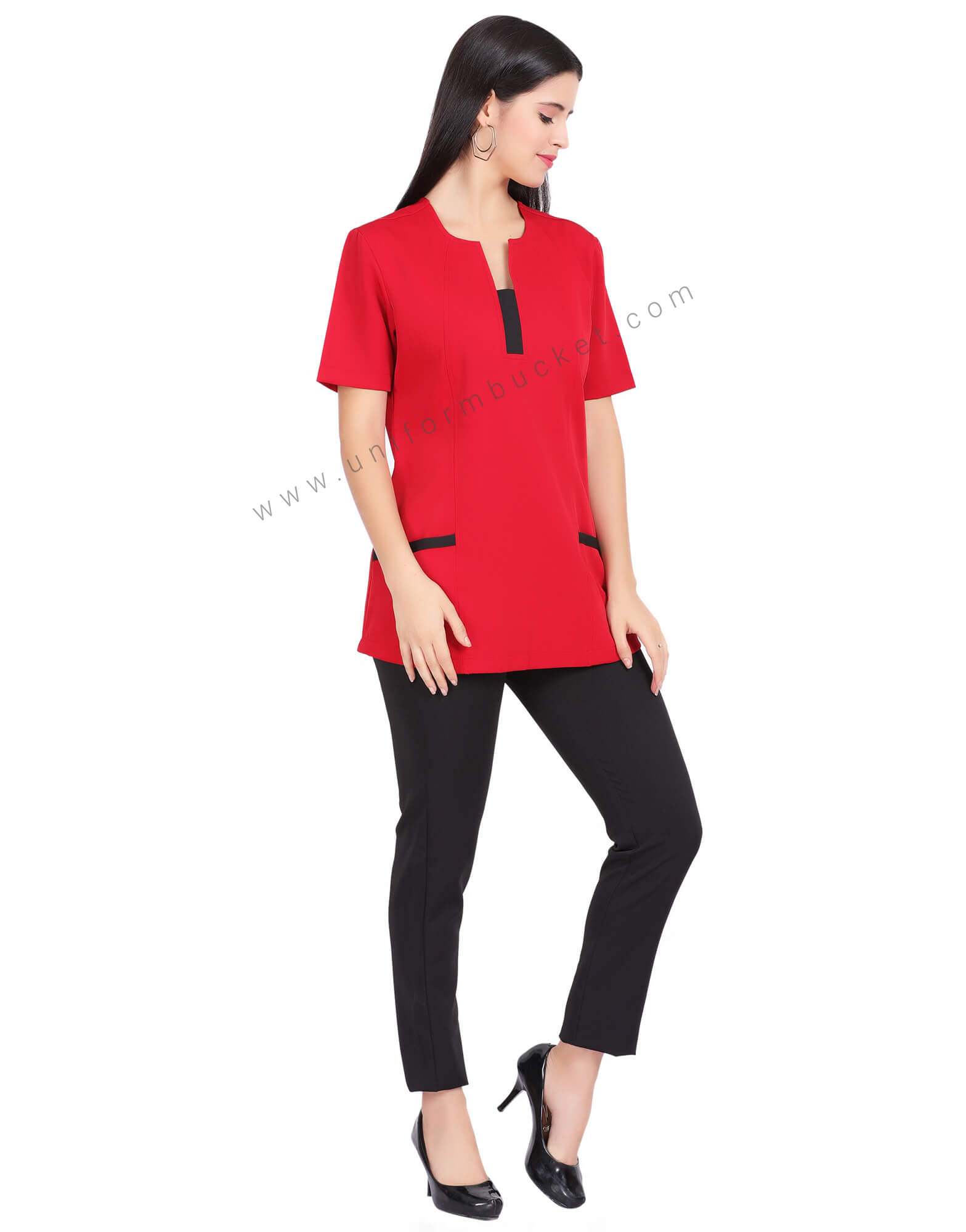 FEMALE RED TOP WITH BLACK NECK STRIPE