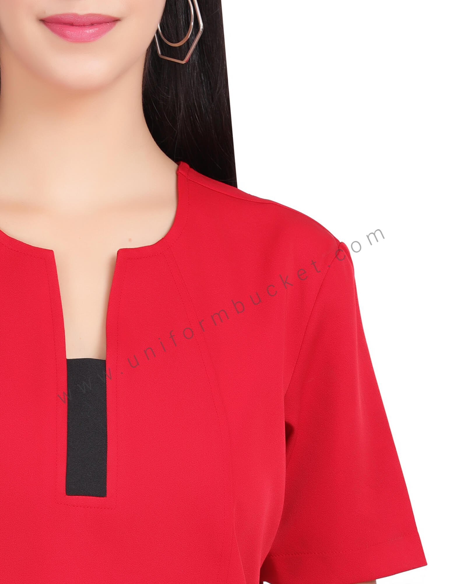 FEMALE RED TOP WITH BLACK NECK STRIPE