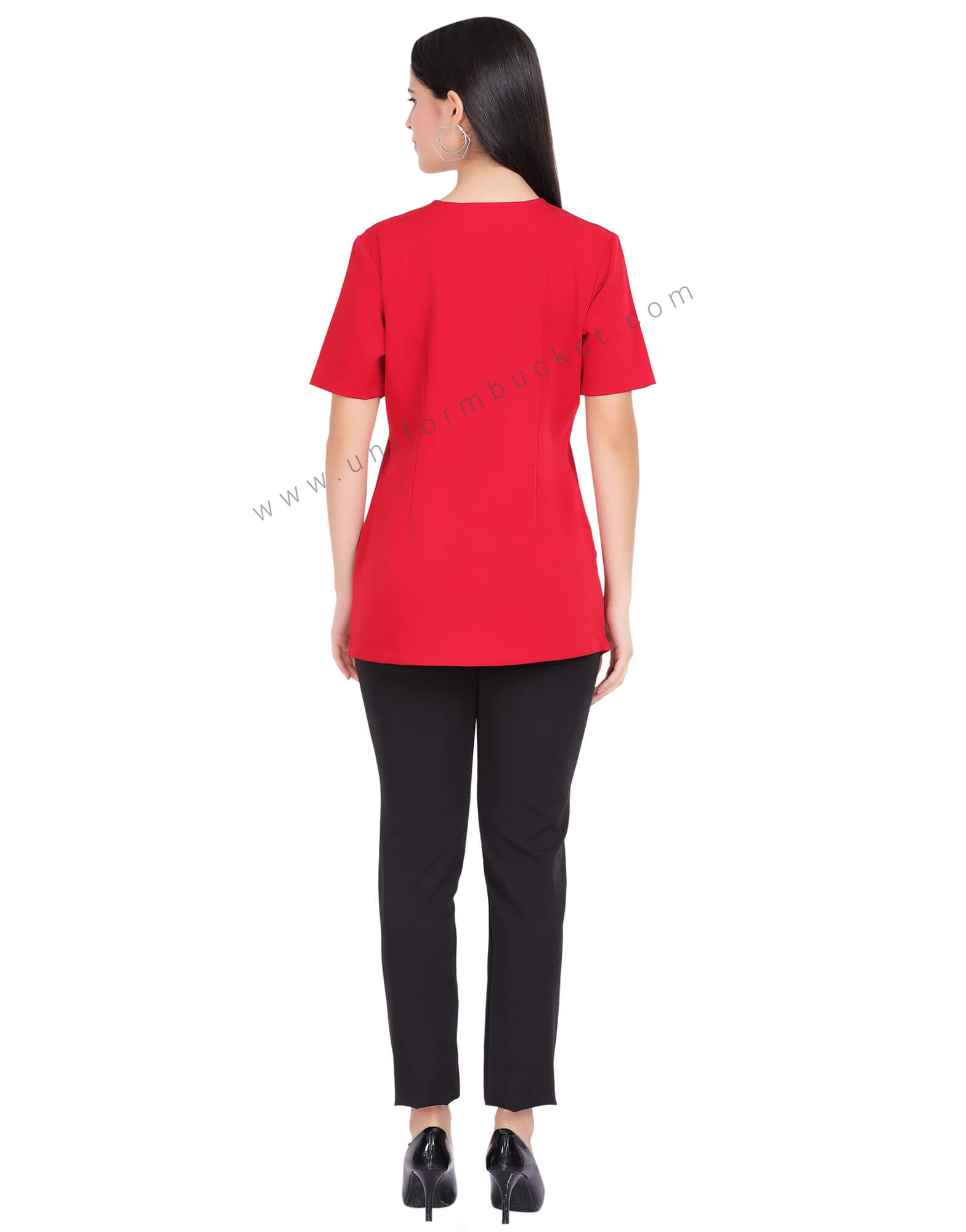 FEMALE RED TOP WITH BLACK NECK STRIPE