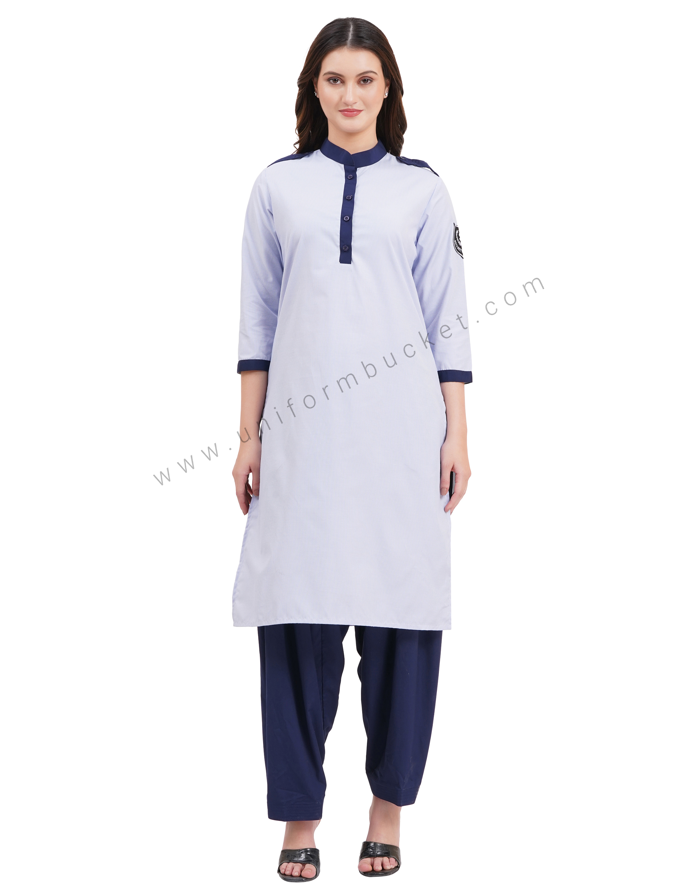 female Security Guard blue & white lining kurti with navy blue dupatta & salwar