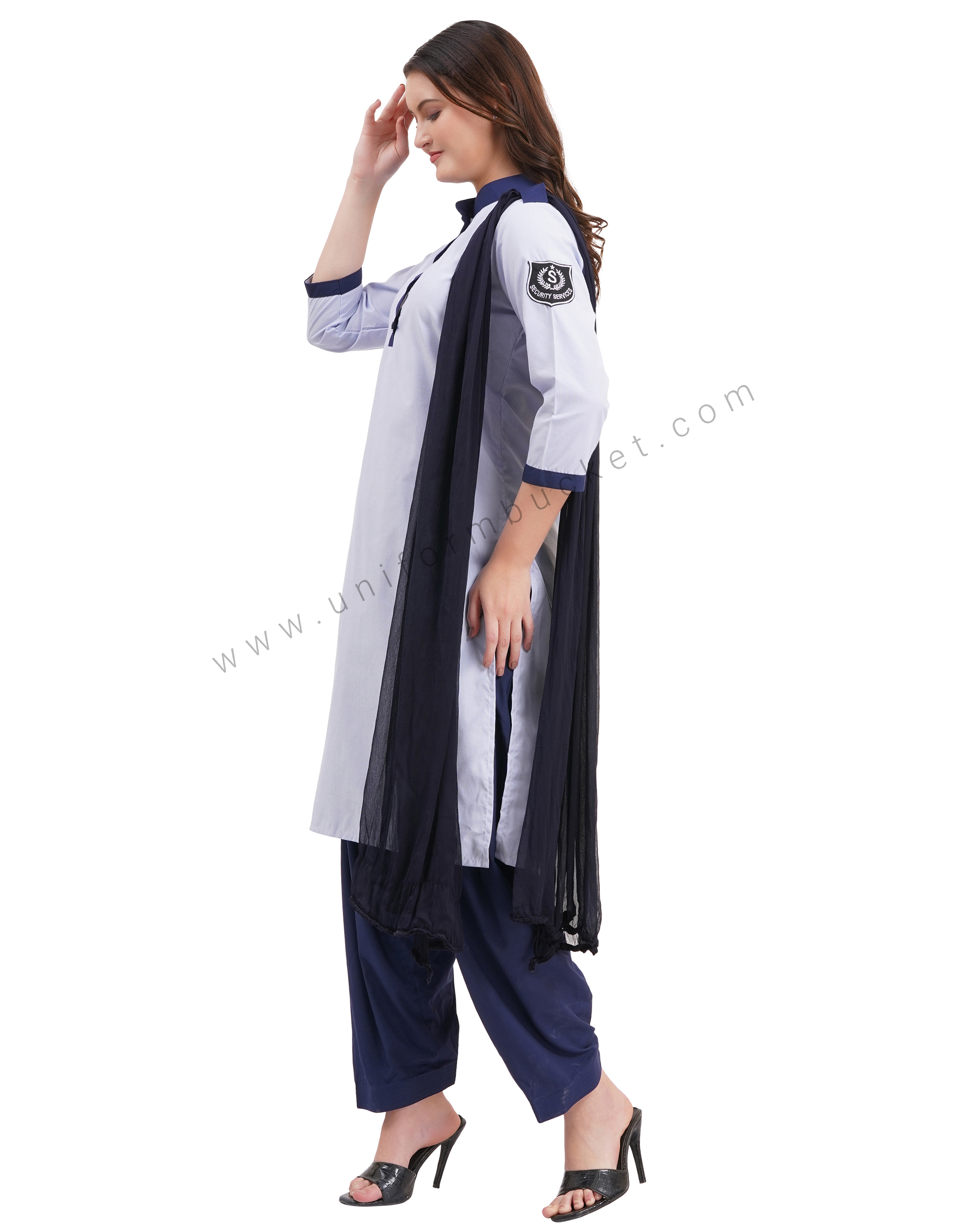 female Security Guard blue & white lining kurti with navy blue dupatta & salwar