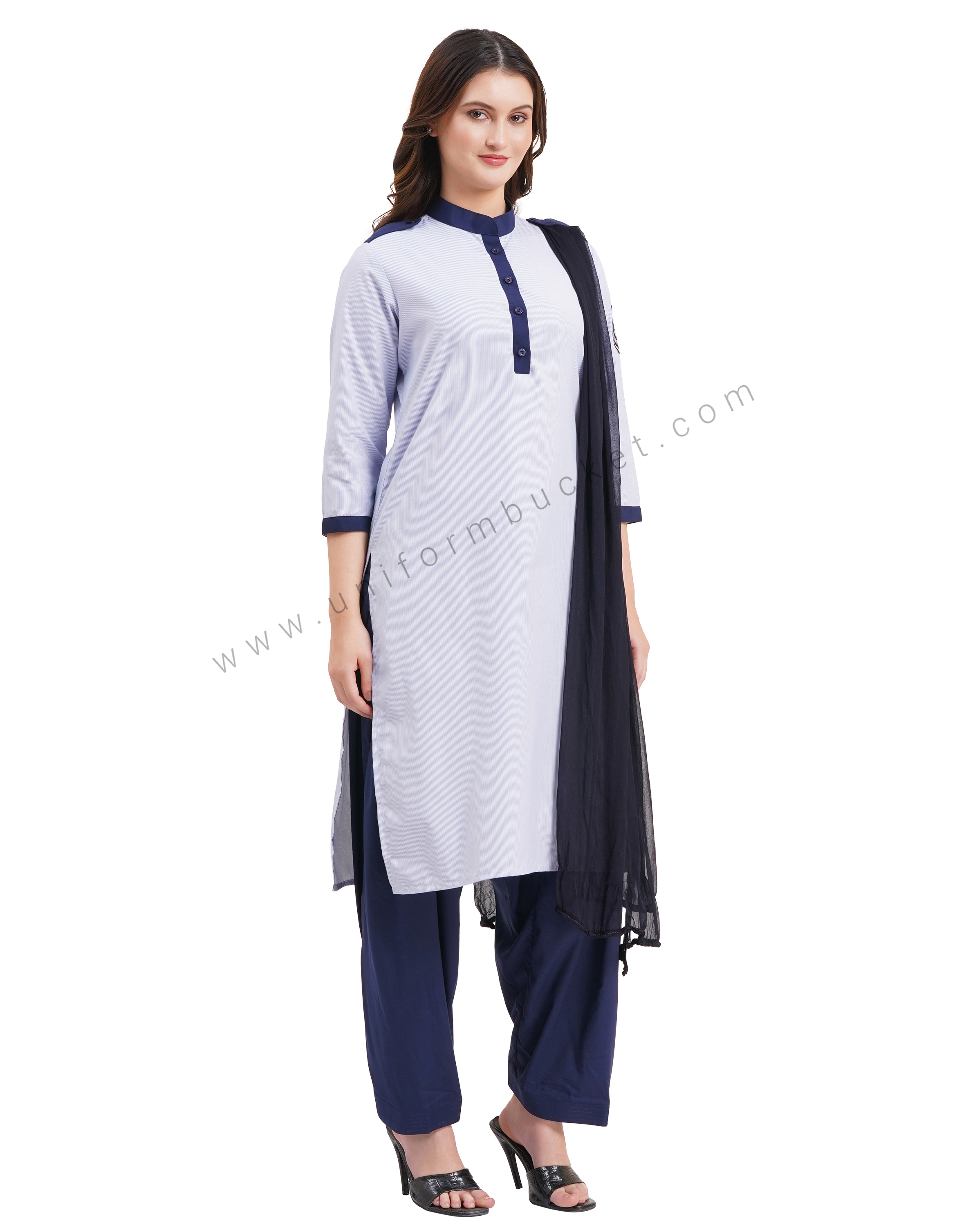 female Security Guard blue & white lining kurti with navy blue dupatta & salwar