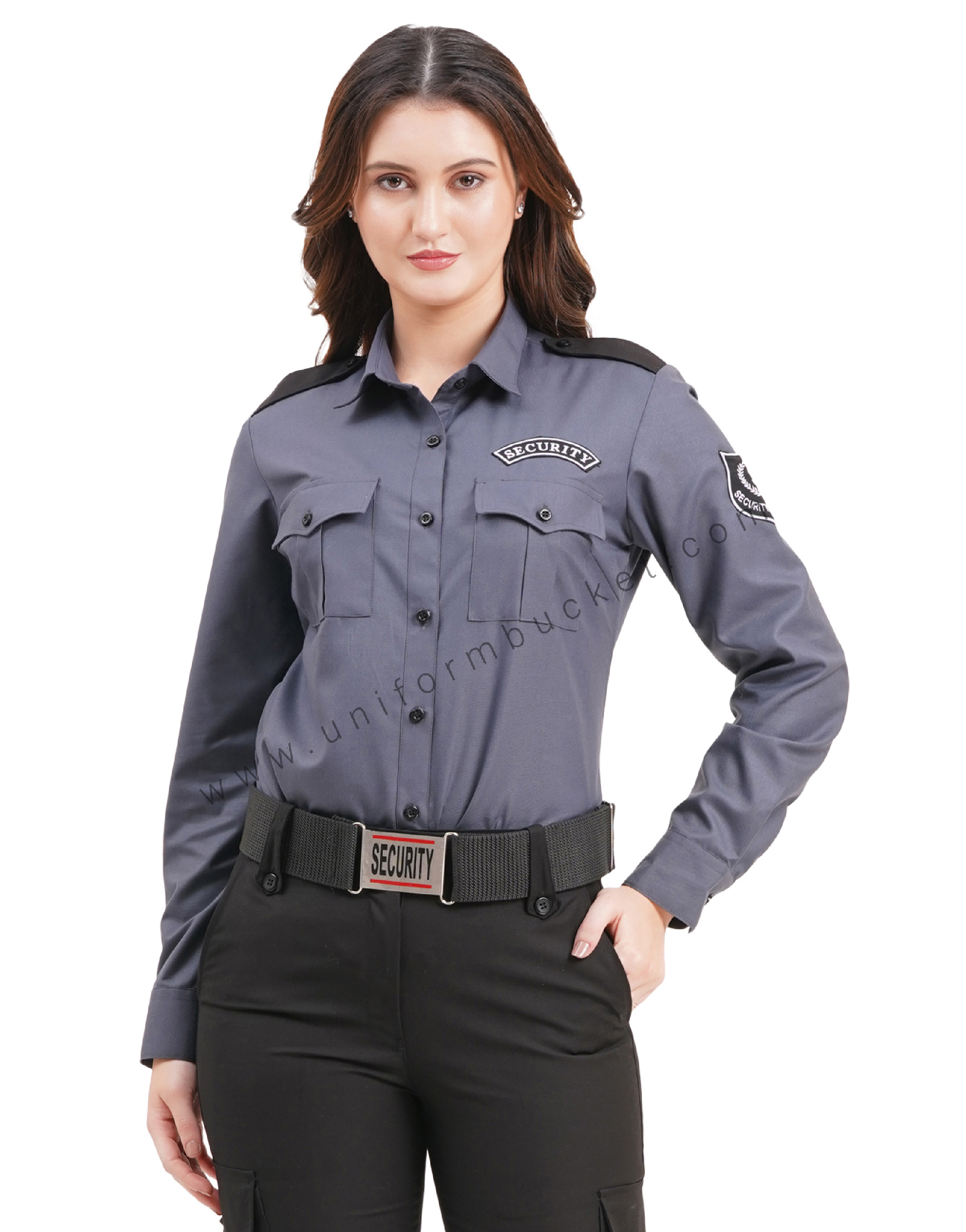 Female Security Guard grey shirt with black shoulder loops