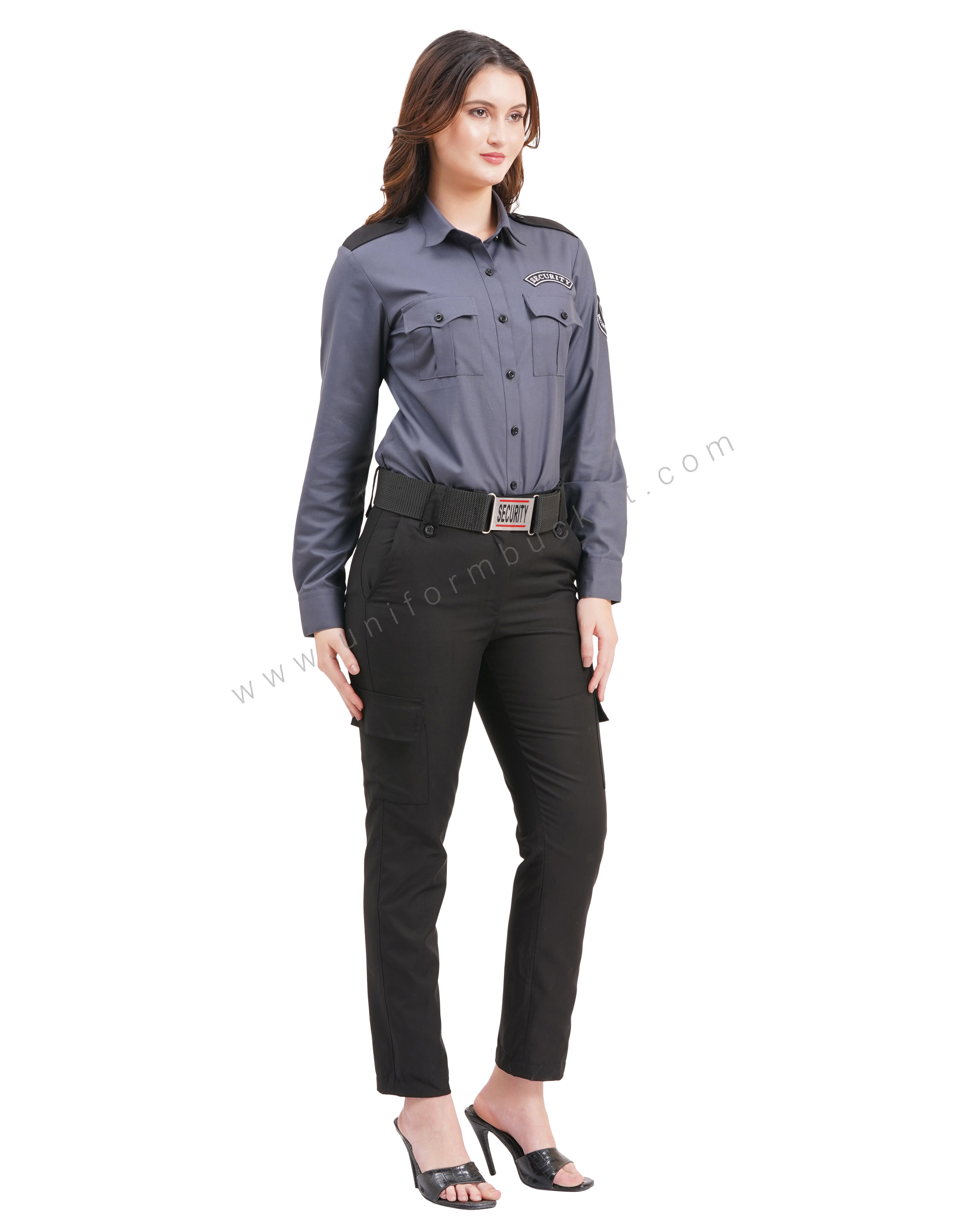 Female Security Guard grey shirt with black shoulder loops
