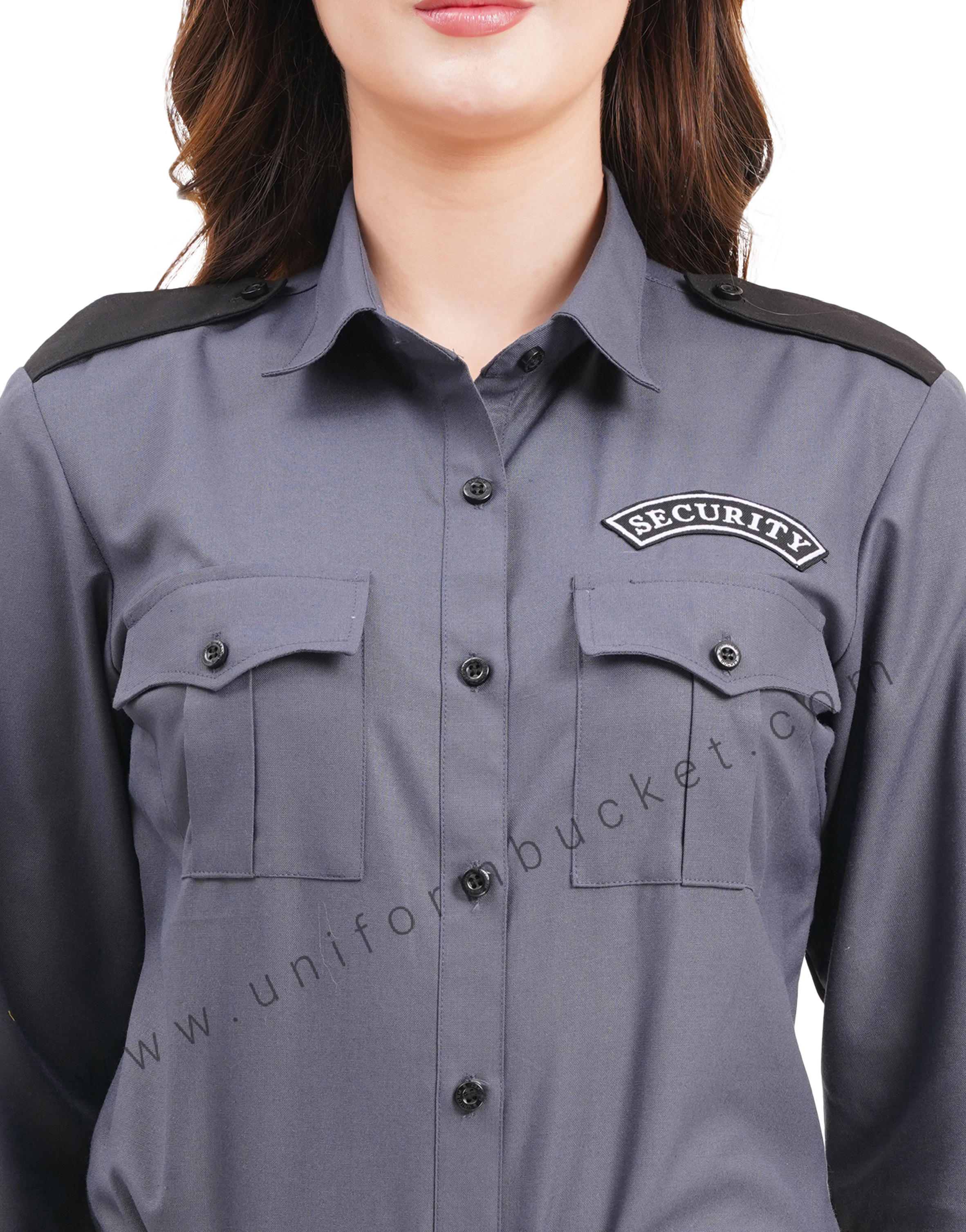 Female Security Guard grey shirt with black shoulder loops