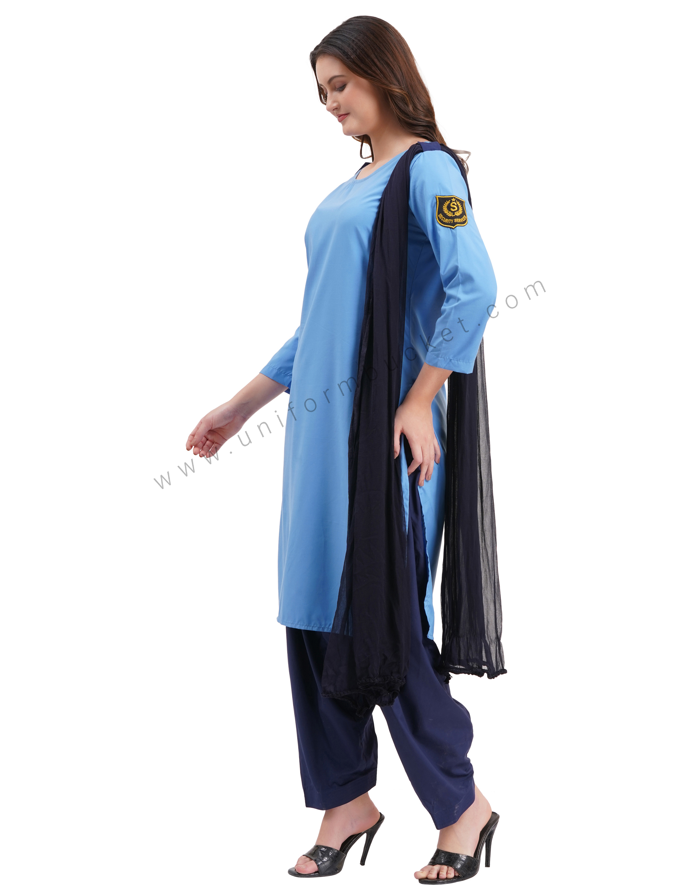 female Security Guard round neck blue kurti with navy blue dupatta & slawar
