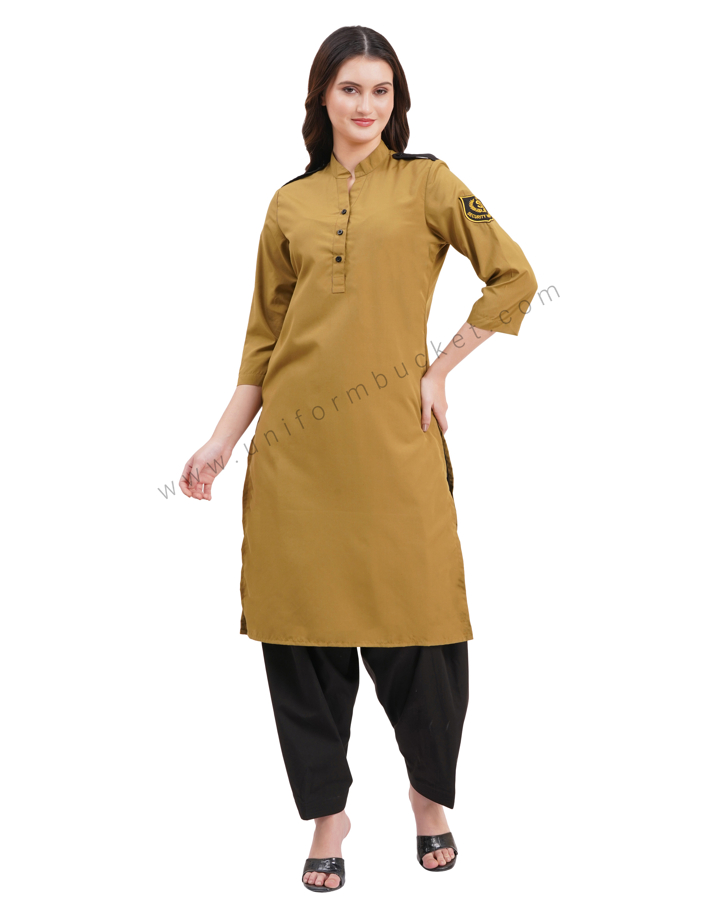 female Security Guard v neck  khaki kurti with dupatta & salwar