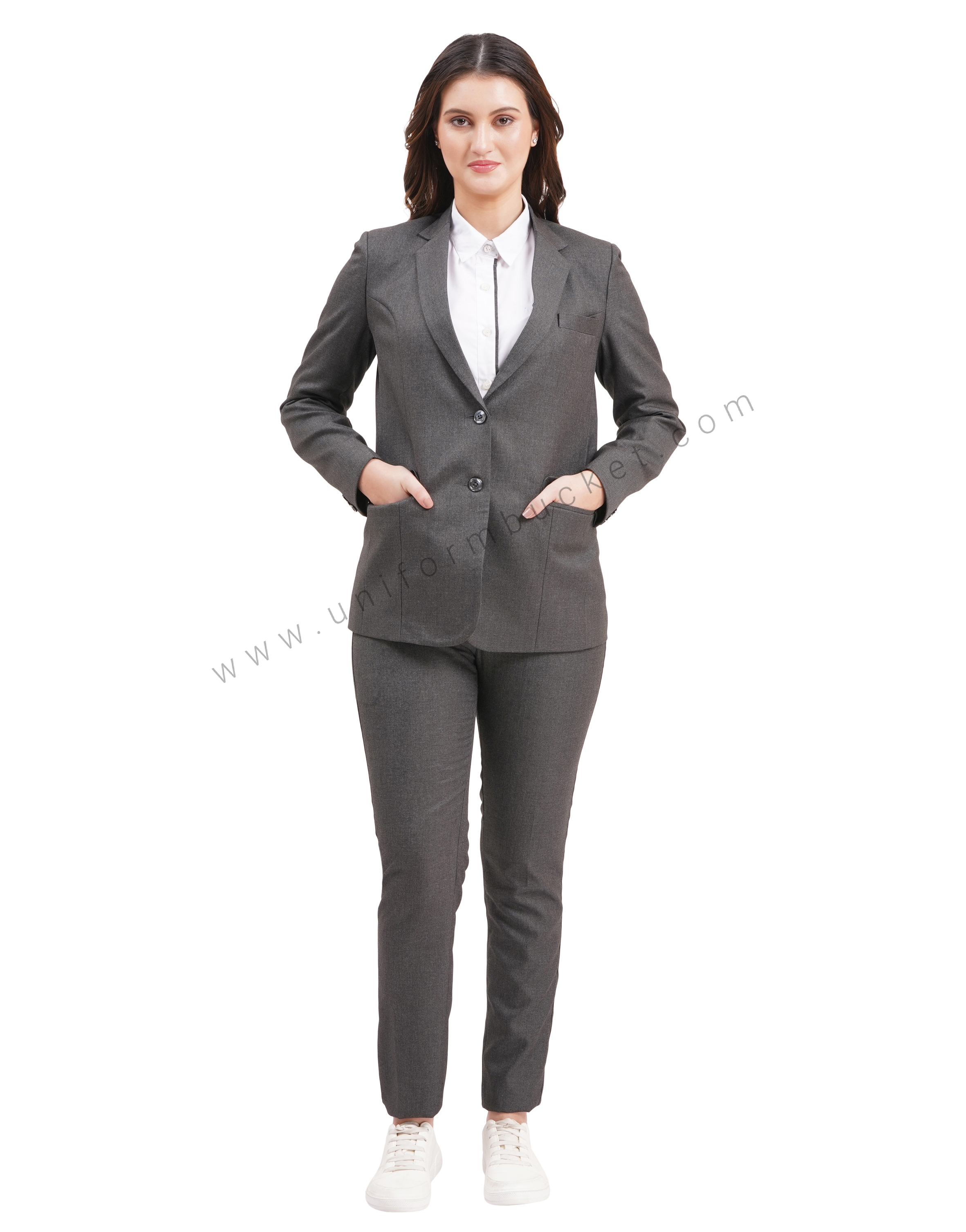 female two button blazer huy worsted grey