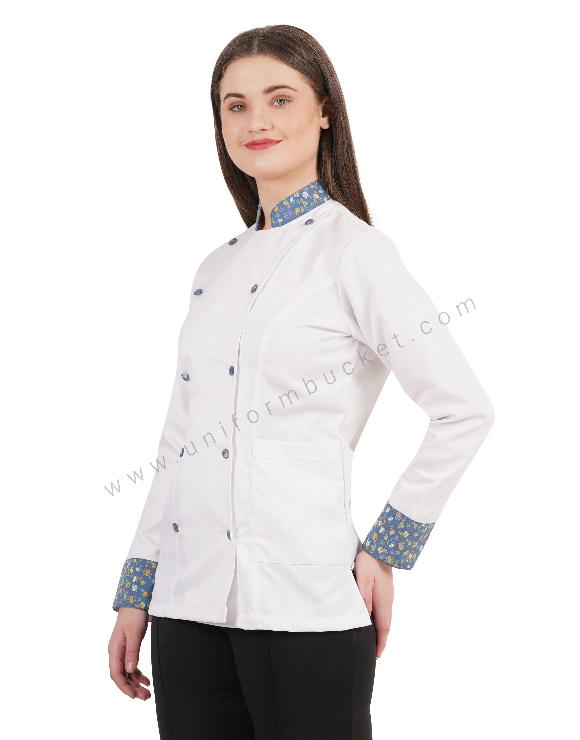 FEMALE WHITE CHEF COAT WITH COLOR FULL PRINTED CUFF & COLLAR