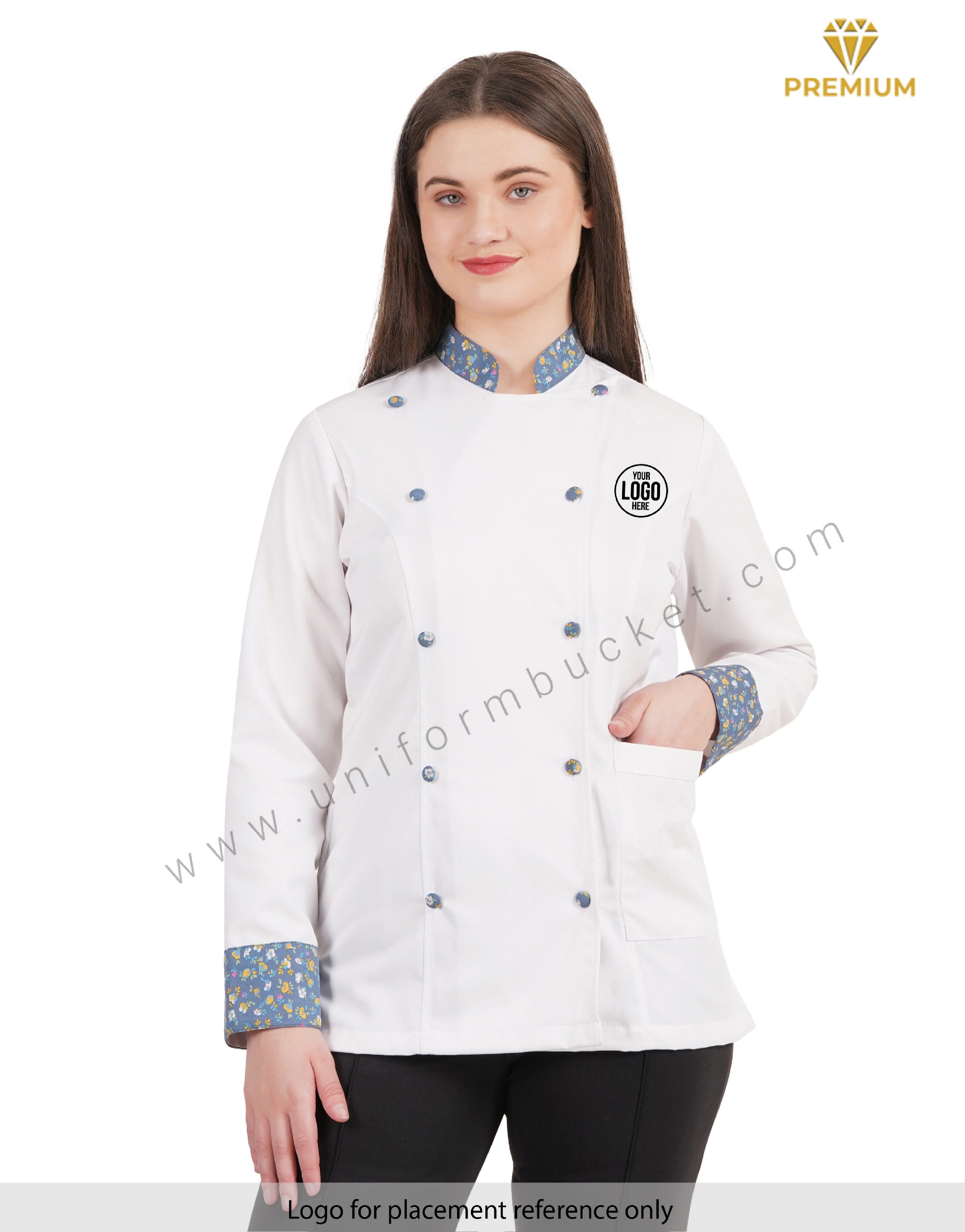 FEMALE WHITE CHEF COAT WITH COLOR FULL PRINTED CUFF & COLLAR