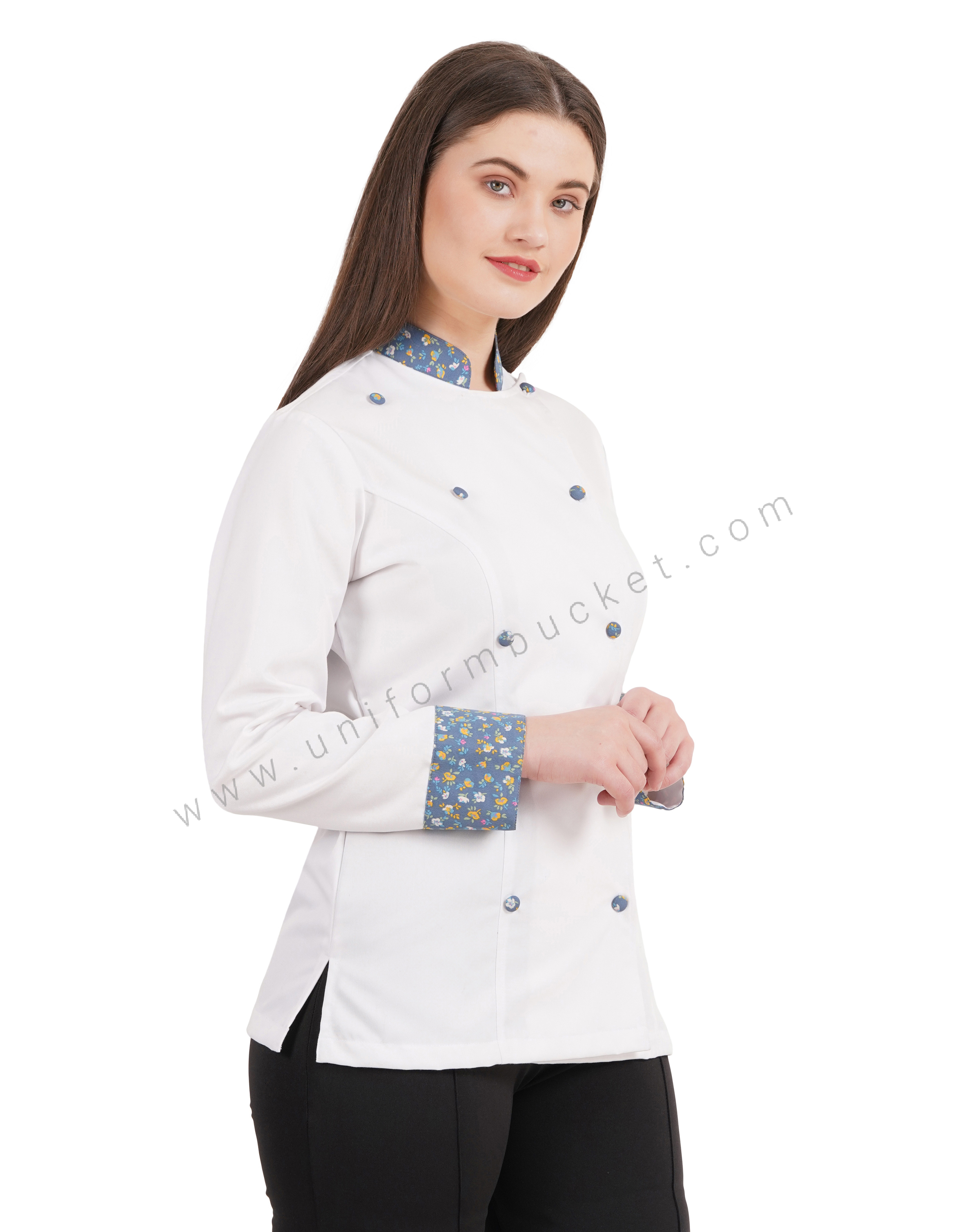 FEMALE WHITE CHEF COAT WITH COLOR FULL PRINTED CUFF & COLLAR