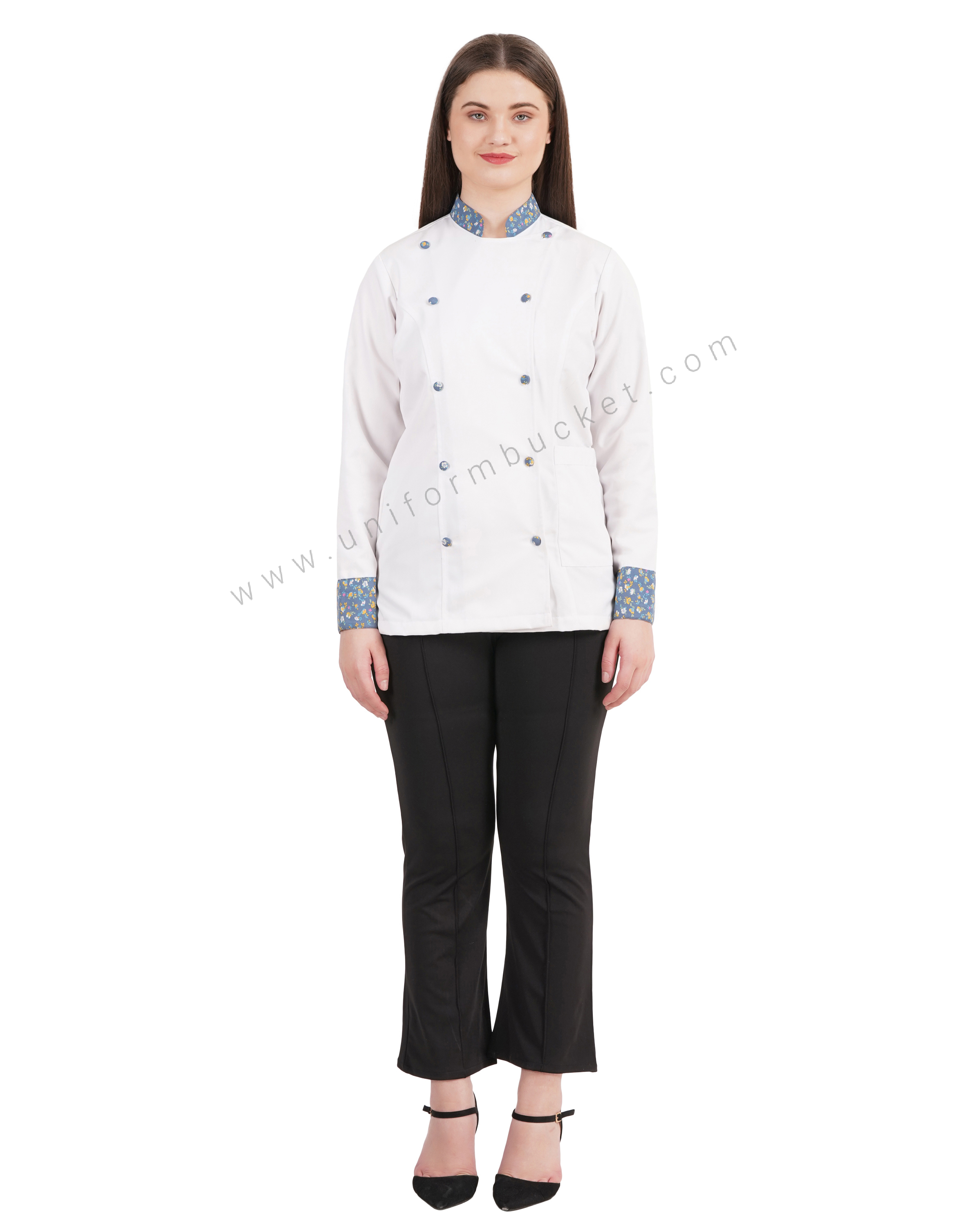 FEMALE WHITE CHEF COAT WITH COLOR FULL PRINTED CUFF & COLLAR