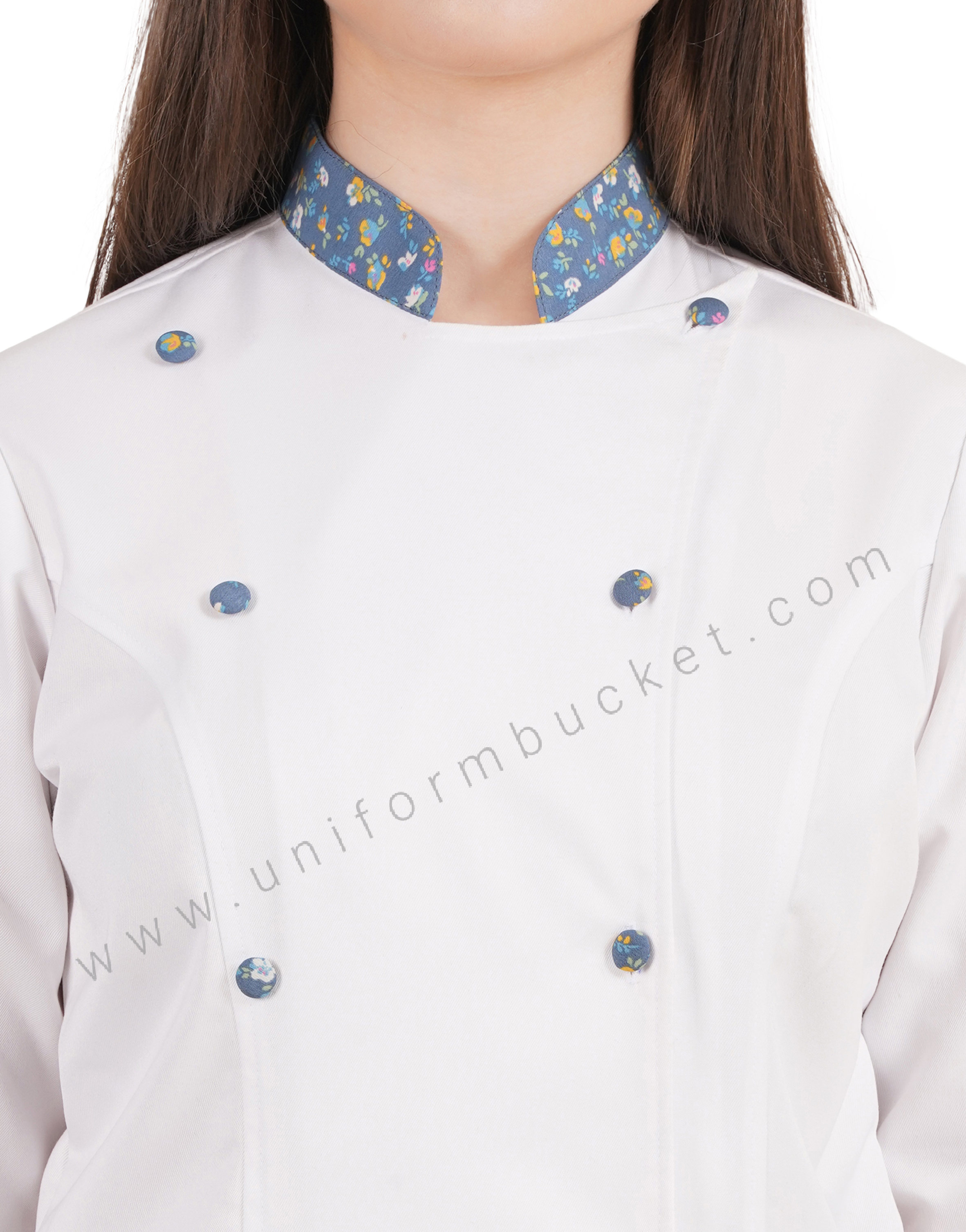 FEMALE WHITE CHEF COAT WITH COLOR FULL PRINTED CUFF & COLLAR
