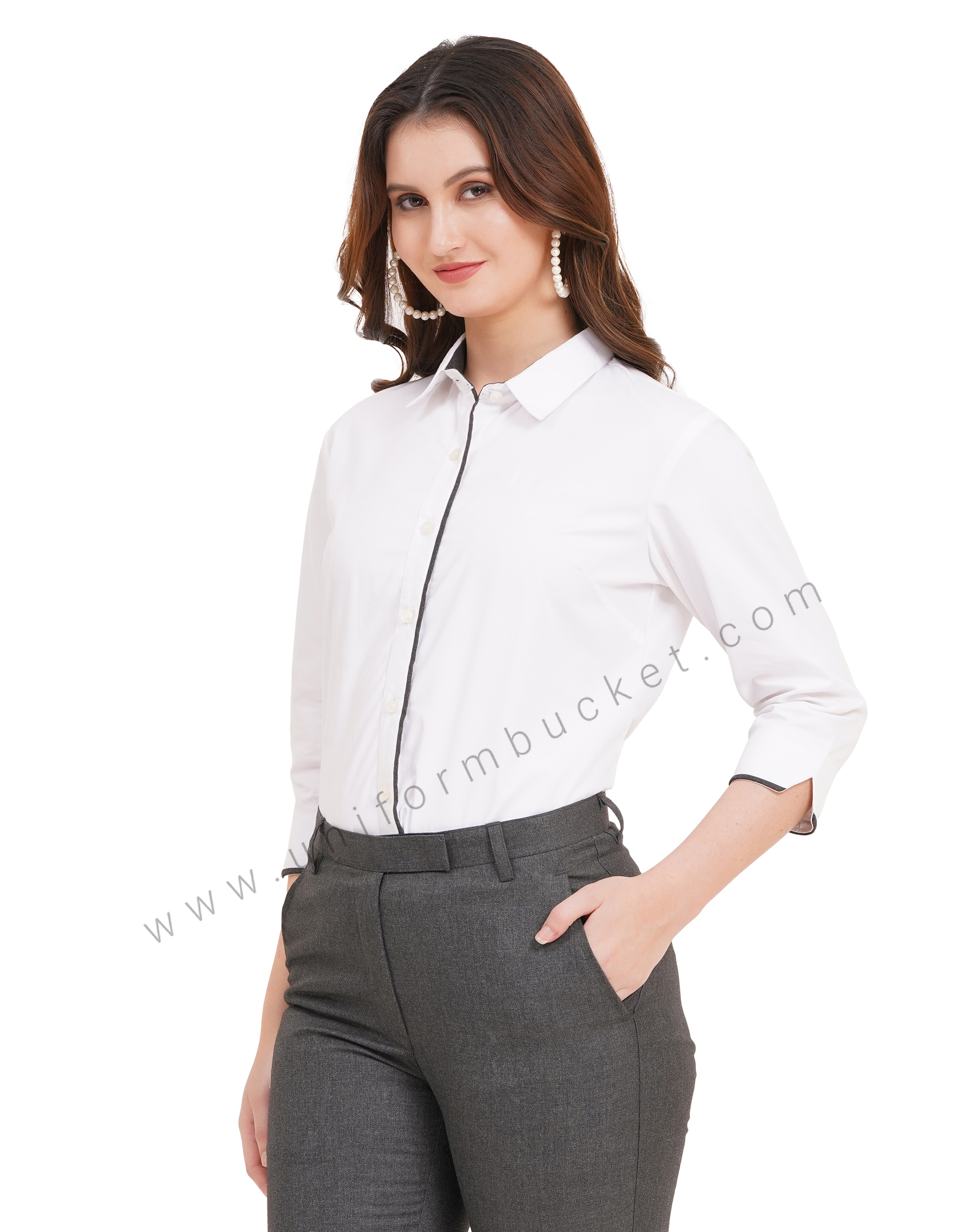 female white shirt with grey piping  & 3/4 sleeve v cut