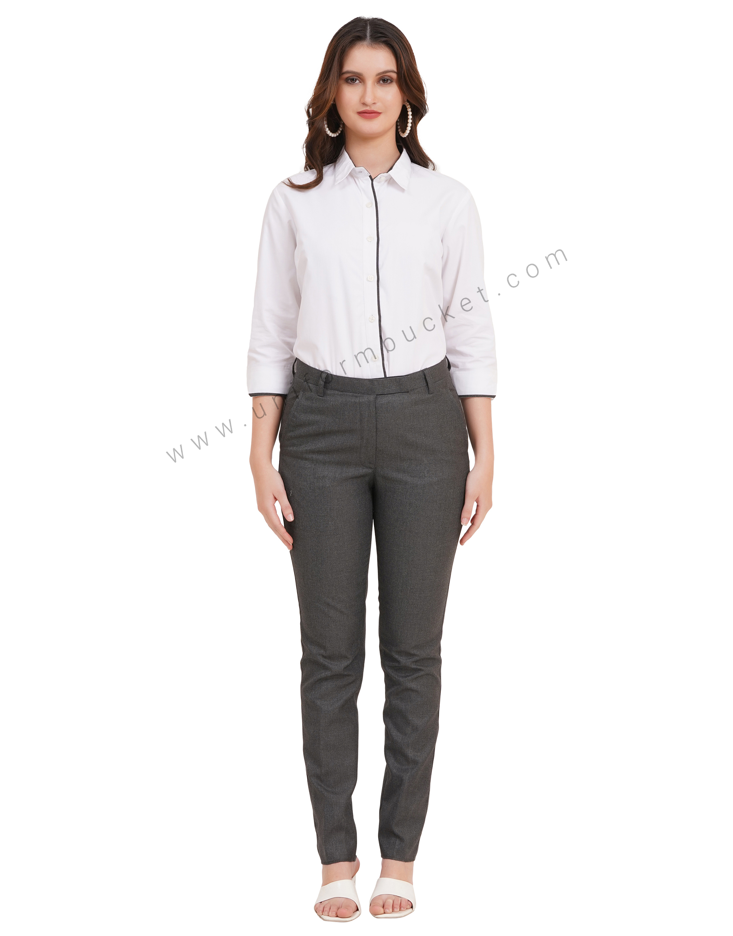 female white shirt with grey piping  & 3/4 sleeve v cut