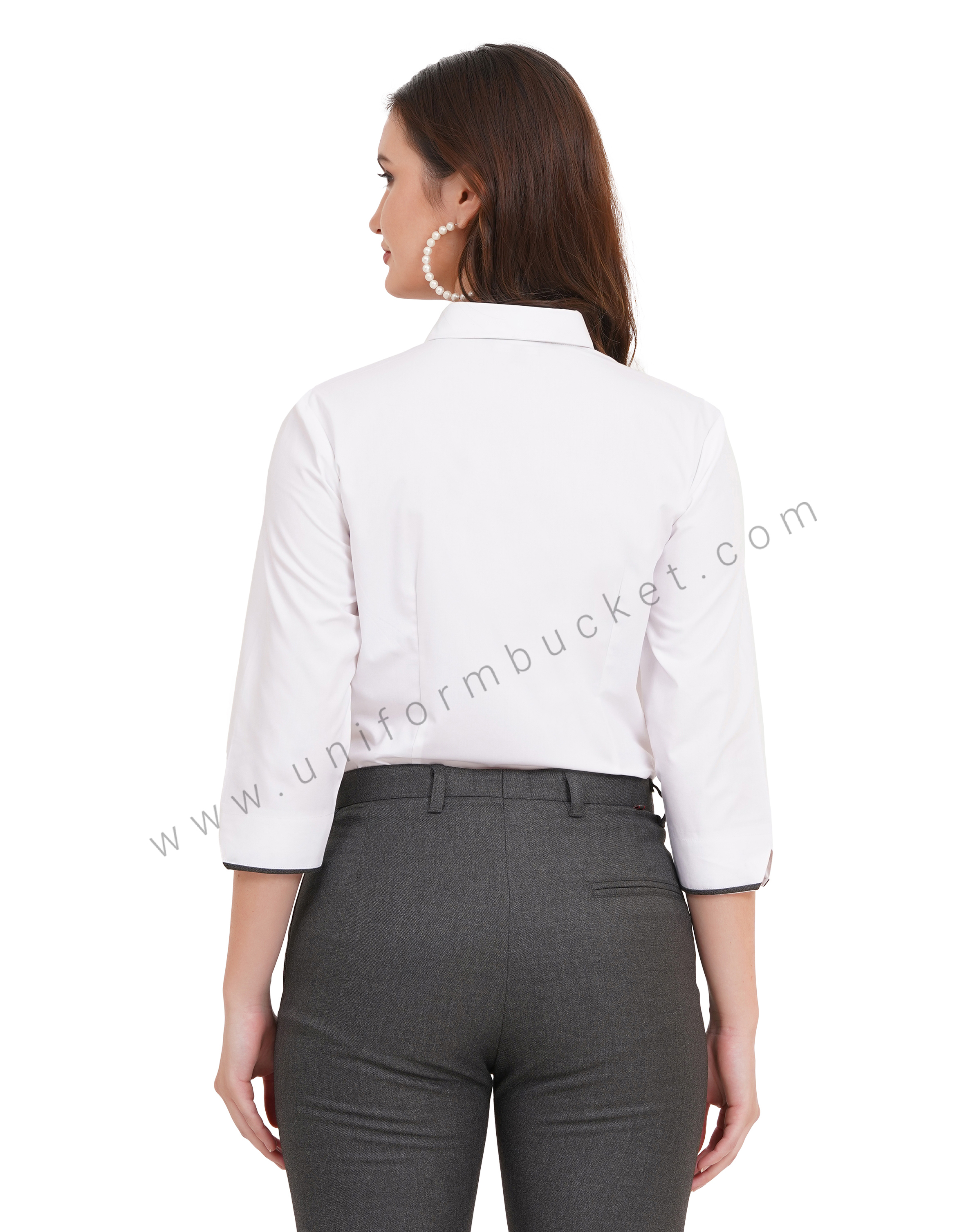female white shirt with grey piping  & 3/4 sleeve v cut
