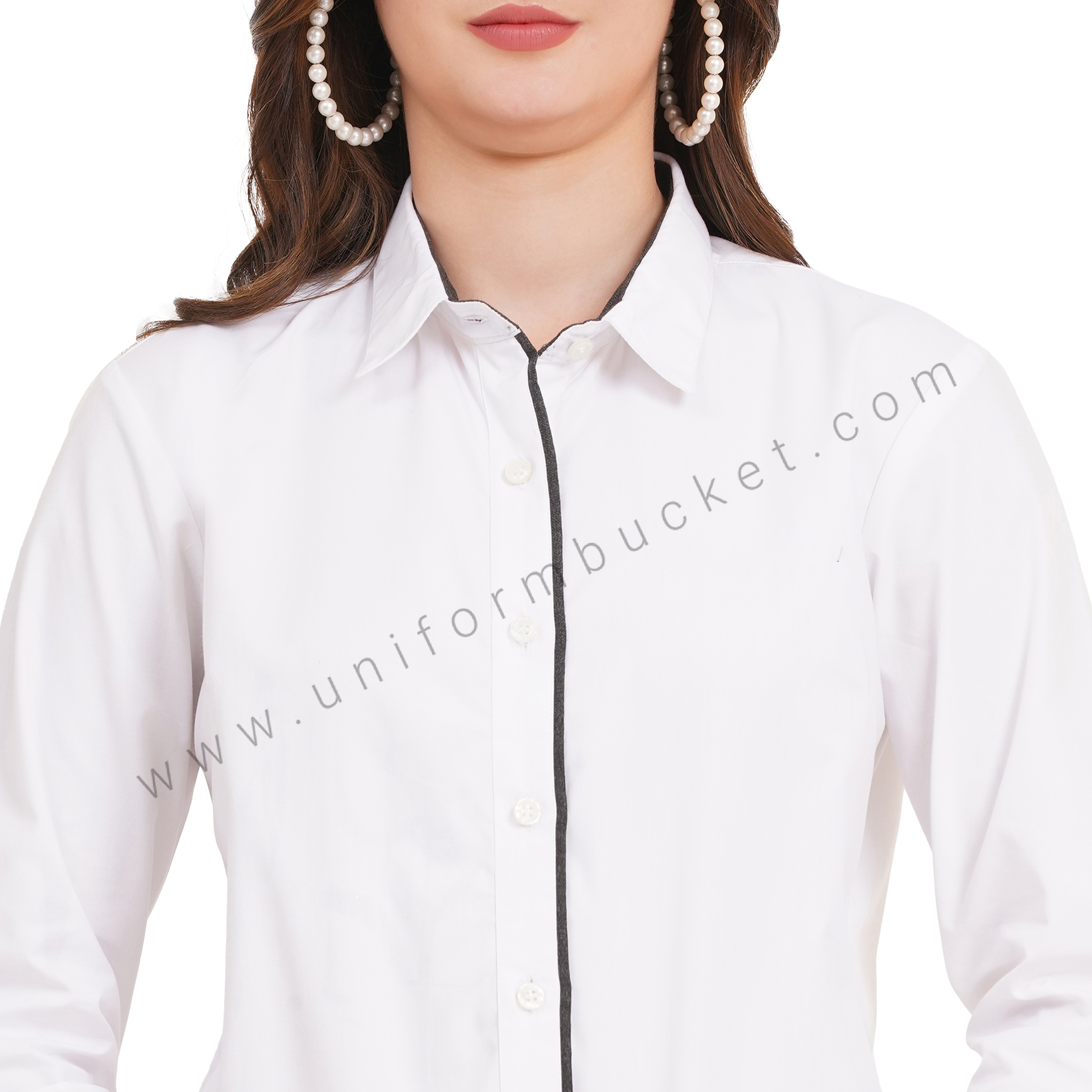 female white shirt with grey piping  & 3/4 sleeve v cut