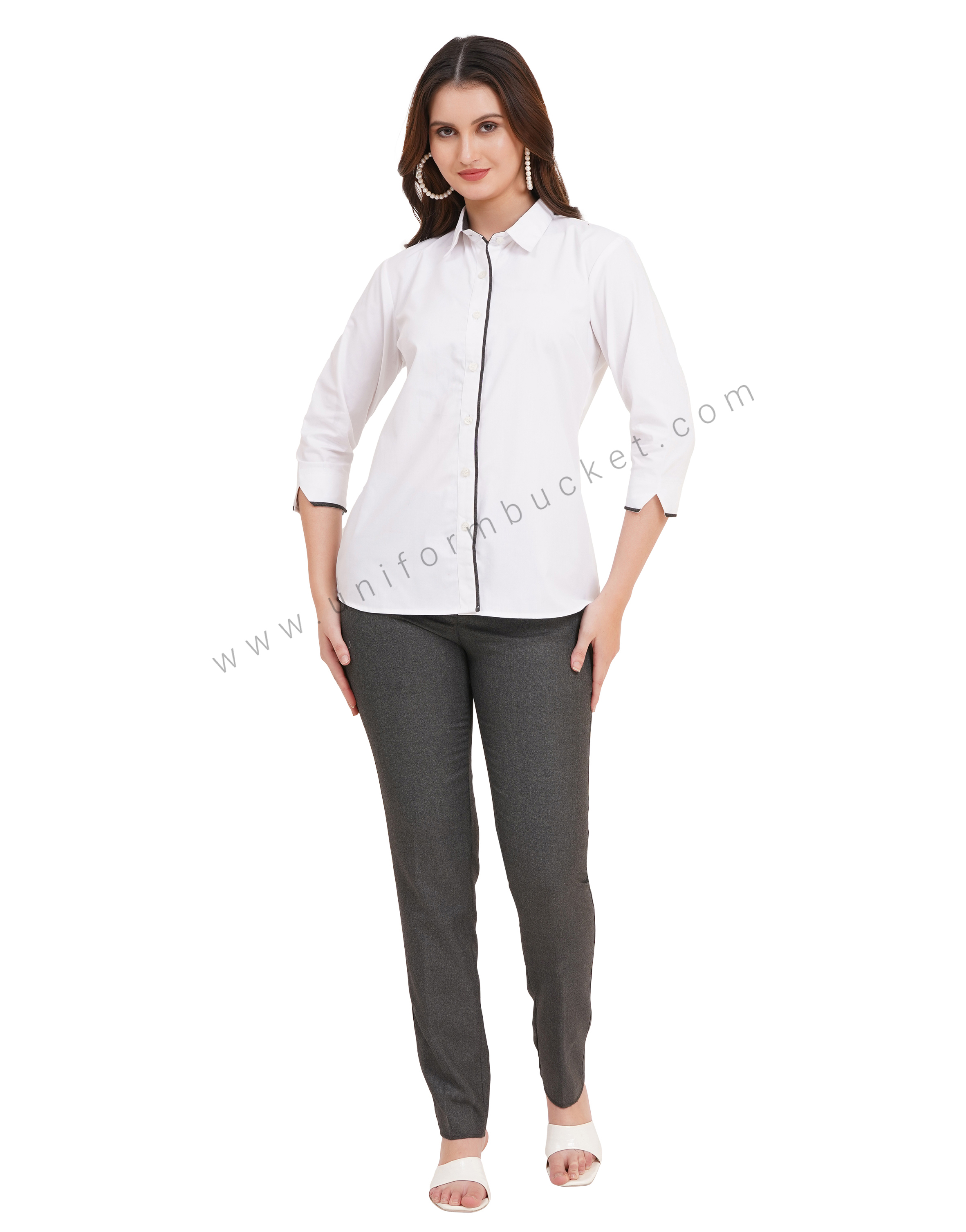 female white shirt with grey piping  & 3/4 sleeve v cut