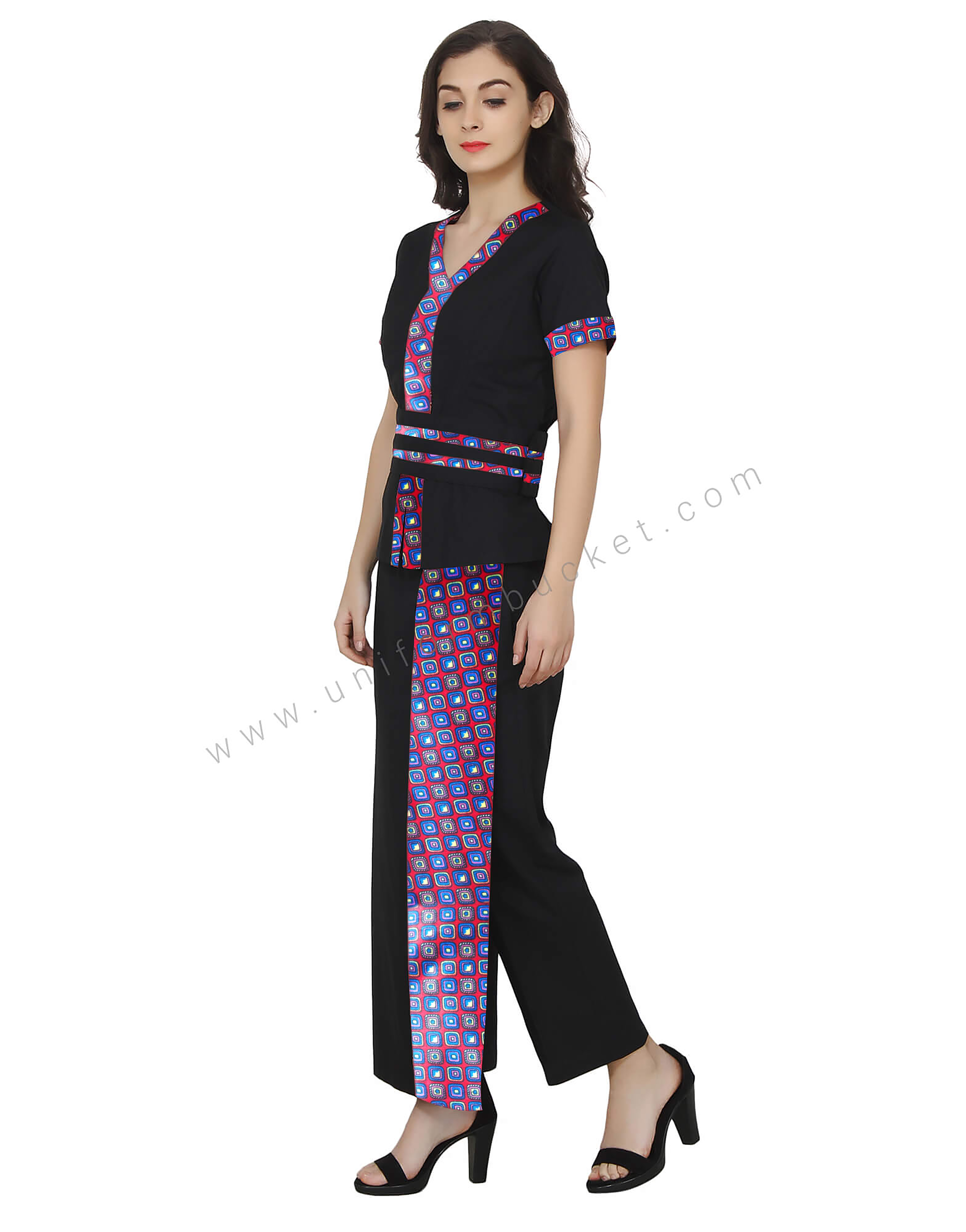Front Slit Broad Belted Black Spa Top with printed trim