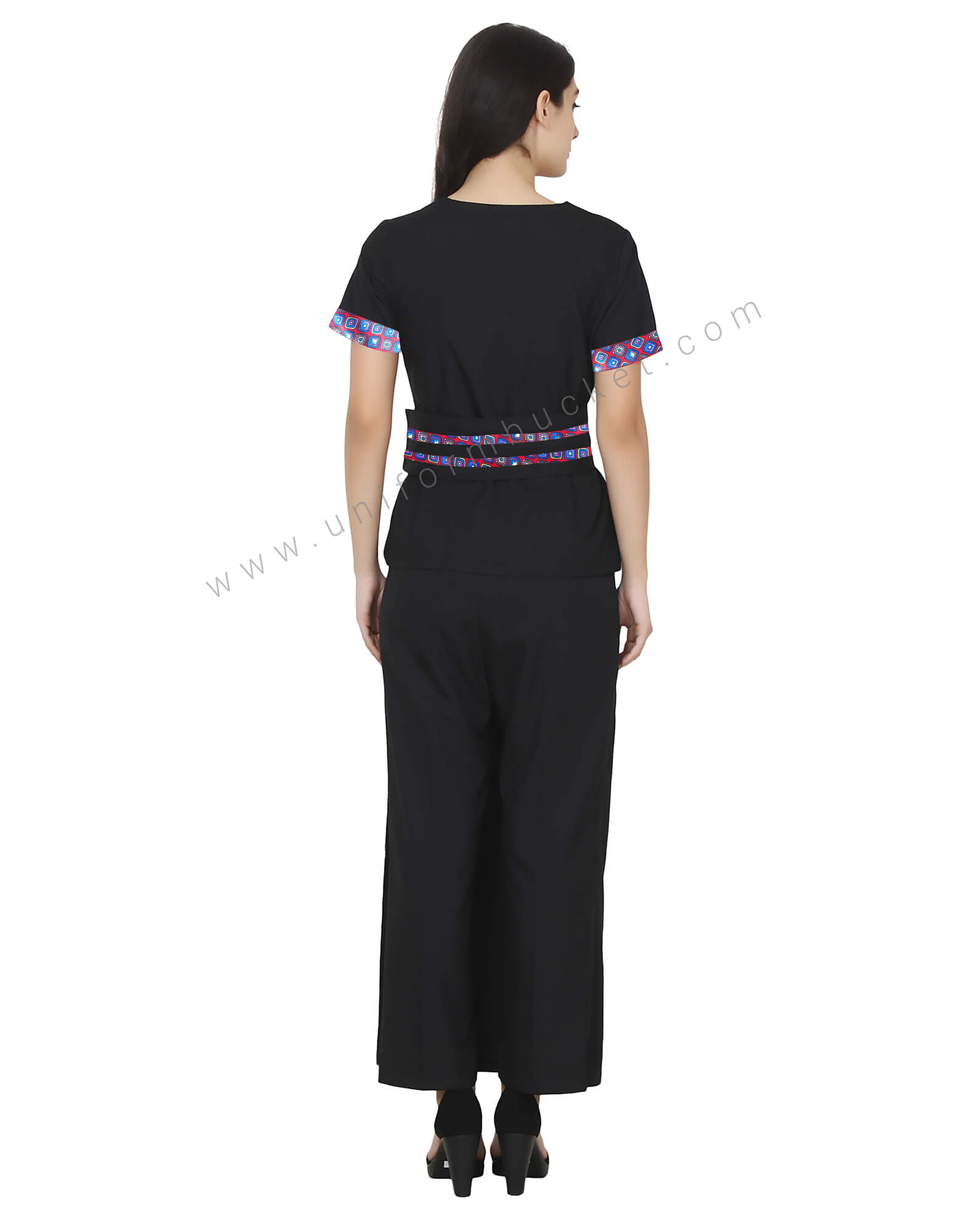 Front Slit Broad Belted Black Spa Top with printed trim